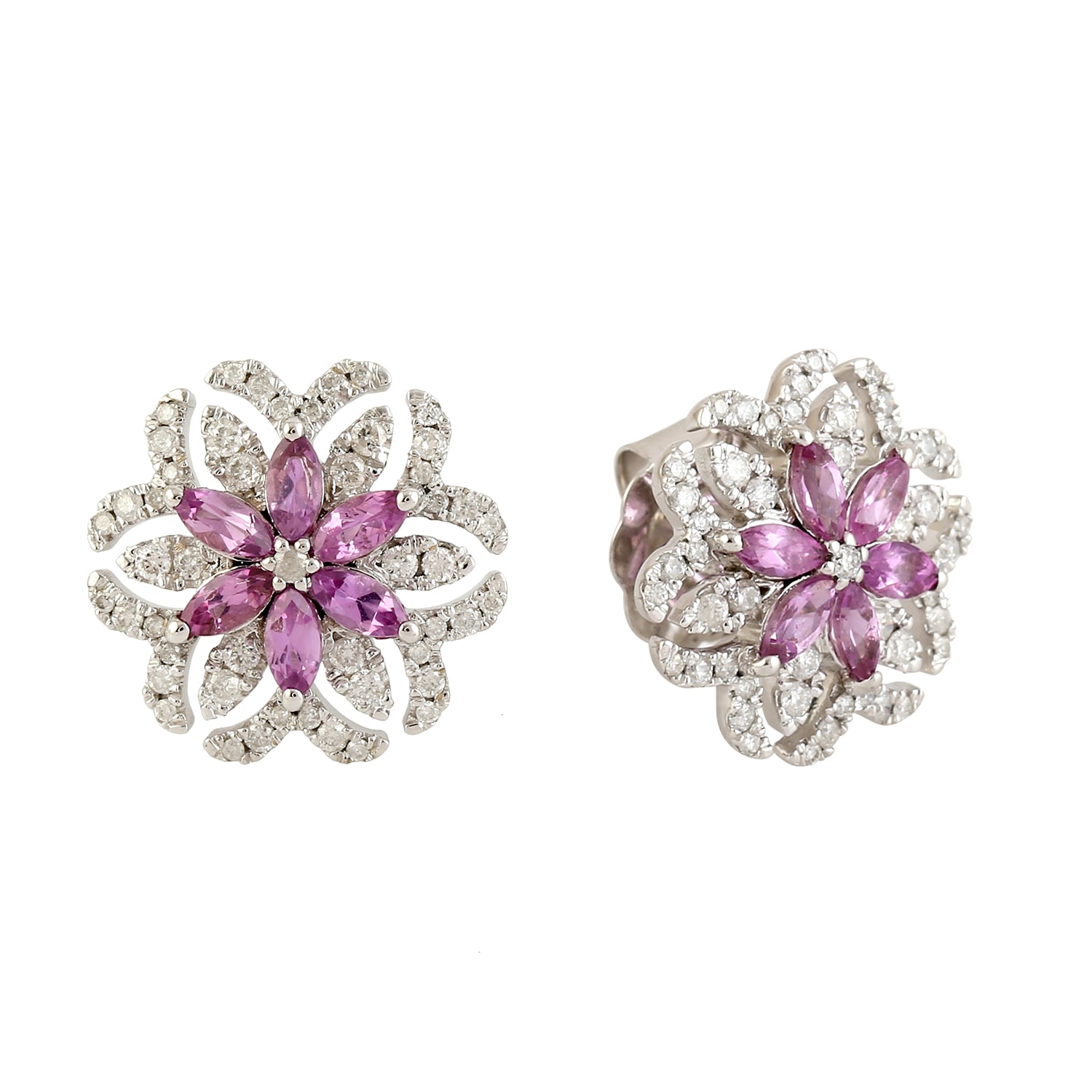 Artisan Women's Pink / White Classic Natural Pink Sapphire & Diamond Stud Earrings In White Gold In Metallic