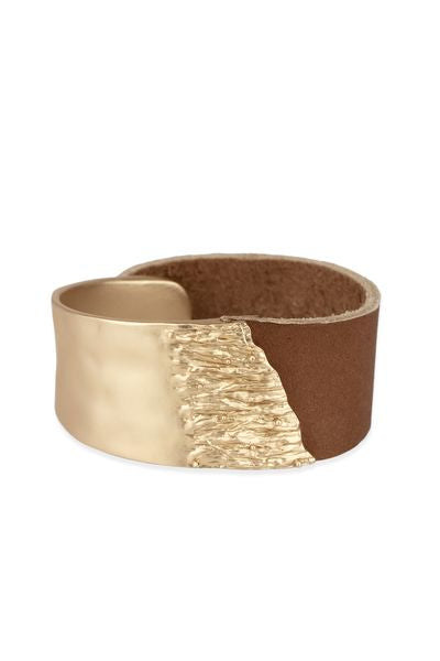 Saachi Women's Brown Leather Metal Statement Bracelet