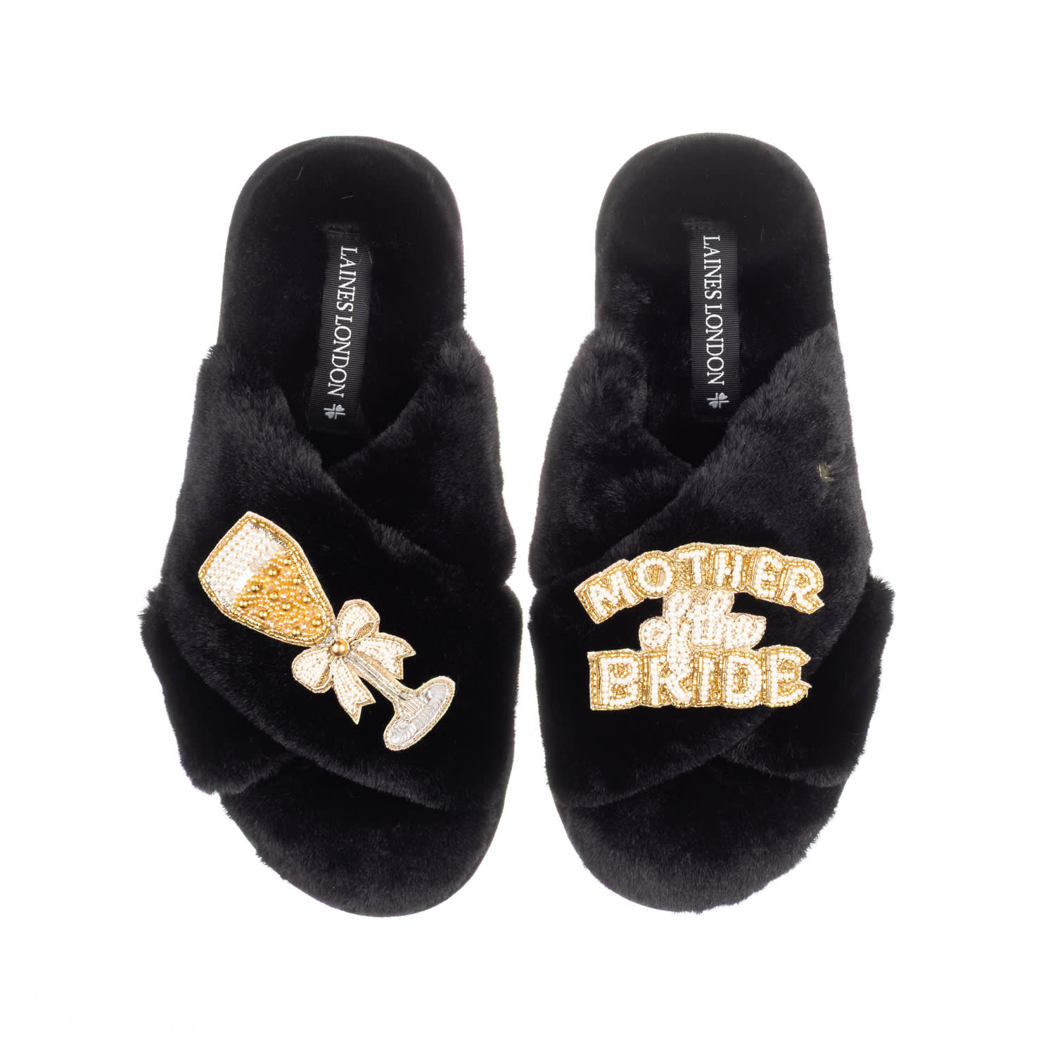 Women's Classic Laines Slippers With Mother Of The Bride Brooches - Black | Medium | Laines London