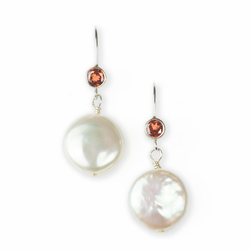 Jollz Jewellery Women's Silver Coin Pearl & Garnet Wire Earrings