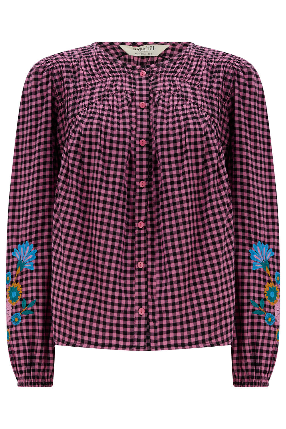 Sugarhill Brighton Women's Pink Leah Blouse Rose Gingham Floral Embroidery