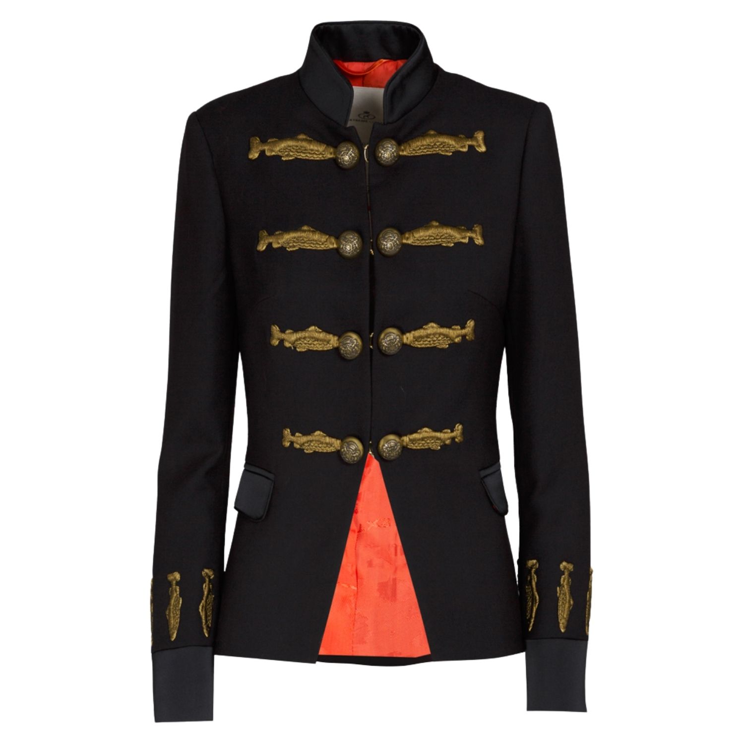 Women's Super Crepe Black Blazer With Satin Details And Gold Fish Embroidery | Large | The Extreme Collection