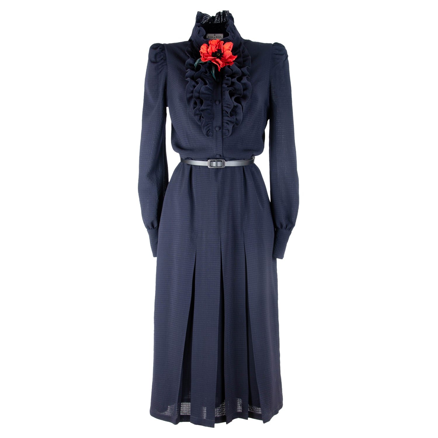 Rua & Rua Women's Blue / Red Ruffled Wool Midi Dress With Flower Leather Brooch In Blue In Blue/red