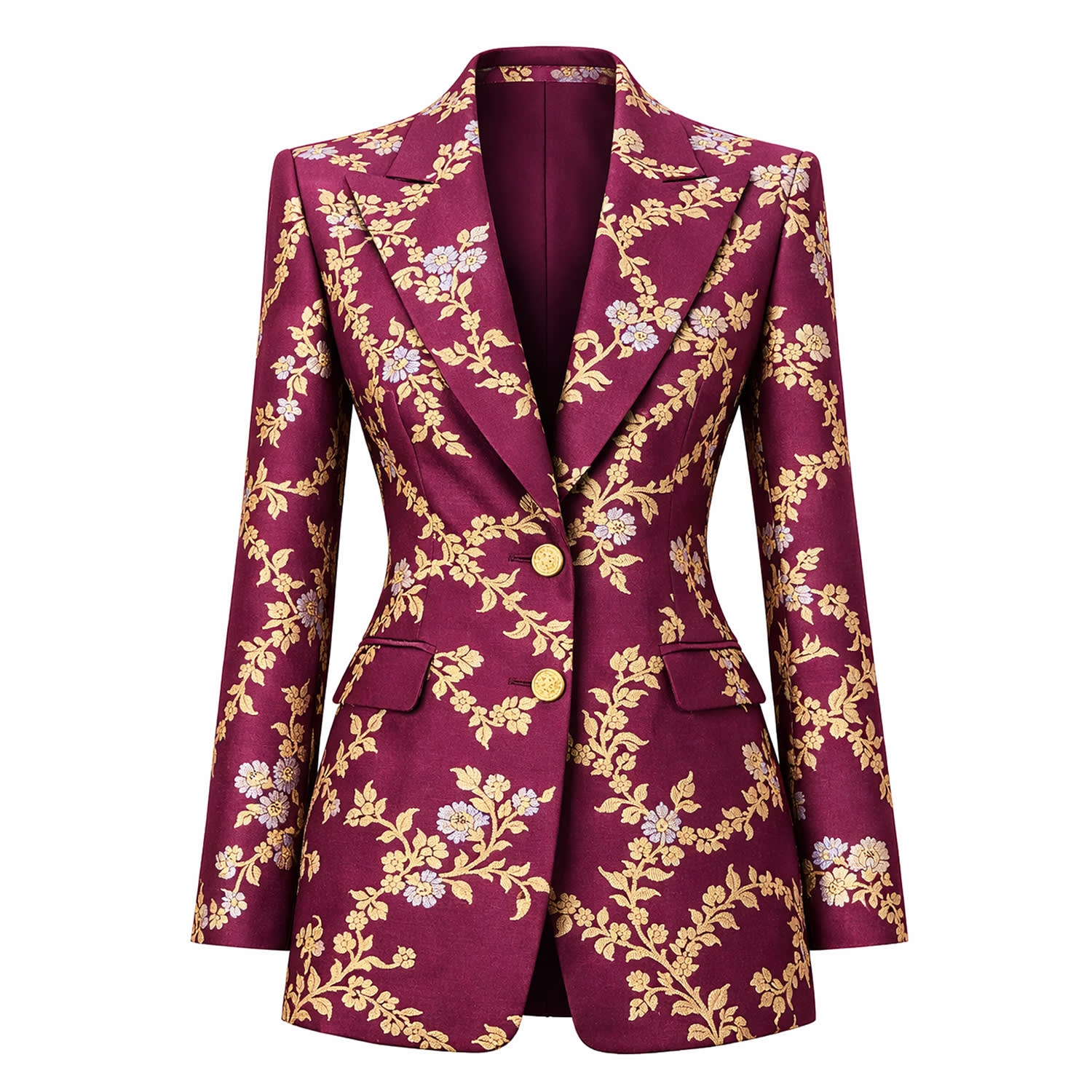 Richa Sharma Women's Gold / Brown / Silver Luxury Handcrafted Plum Hued Brocade Blazer With Gold Floral Motifs In Burgundy