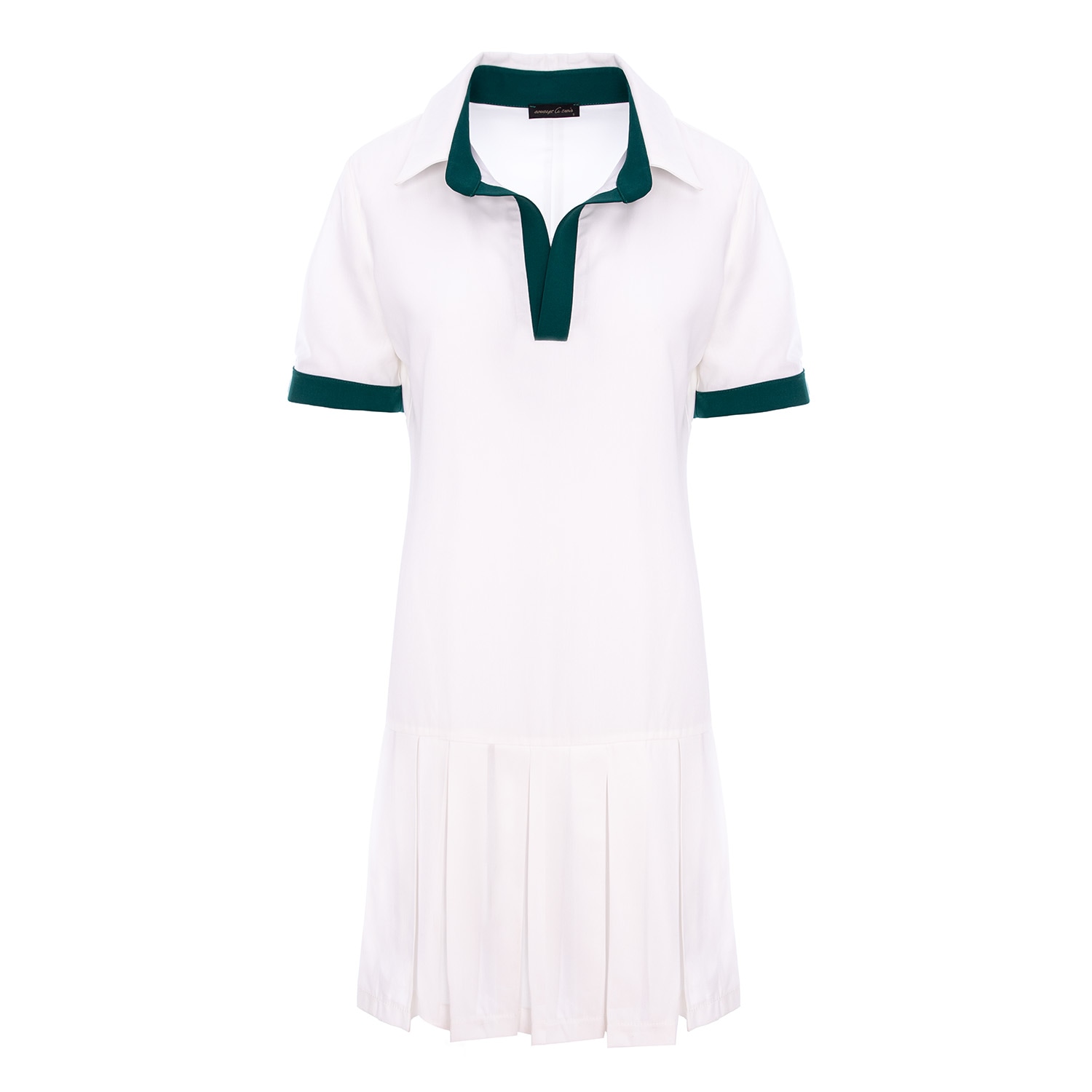 Concept A Trois Women's White / Green White Short Pleated Dress With Shirt Collar With Dark Green Contrast Details In White/green