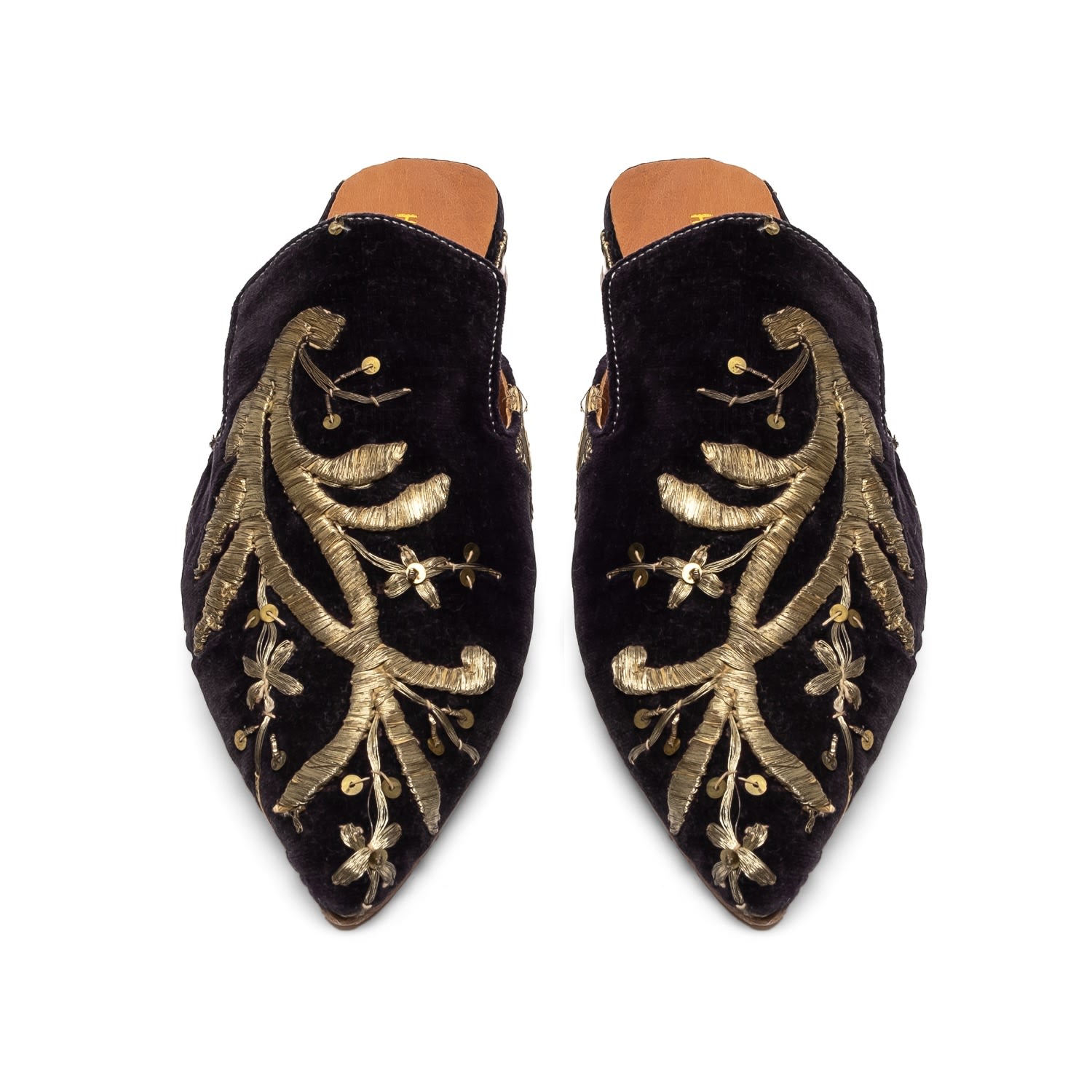 Hoopy Women's One-of-a-kind Antique Gold Embroidered Mules In Black