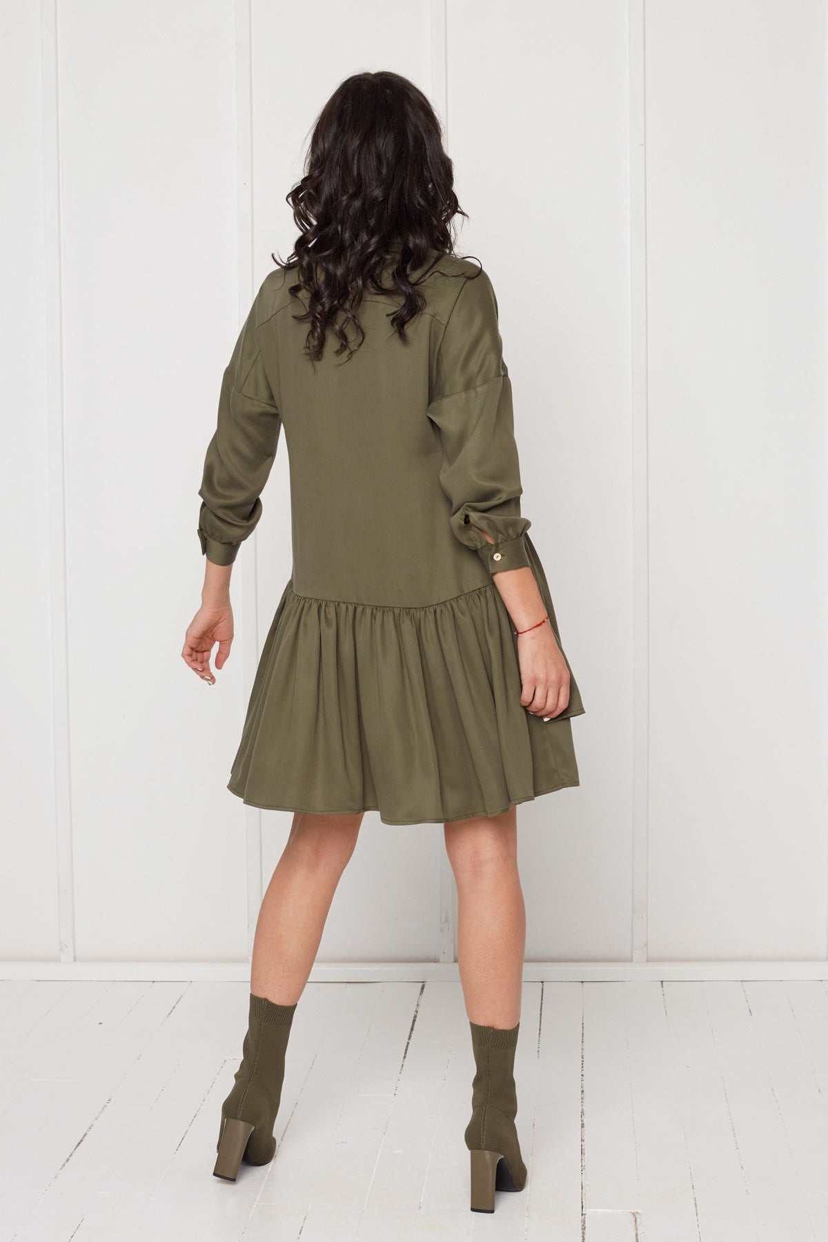 Eva Tencel Shirt Dress With Double Front Frill In Military Green | UNDRESS  | Wolf & Badger