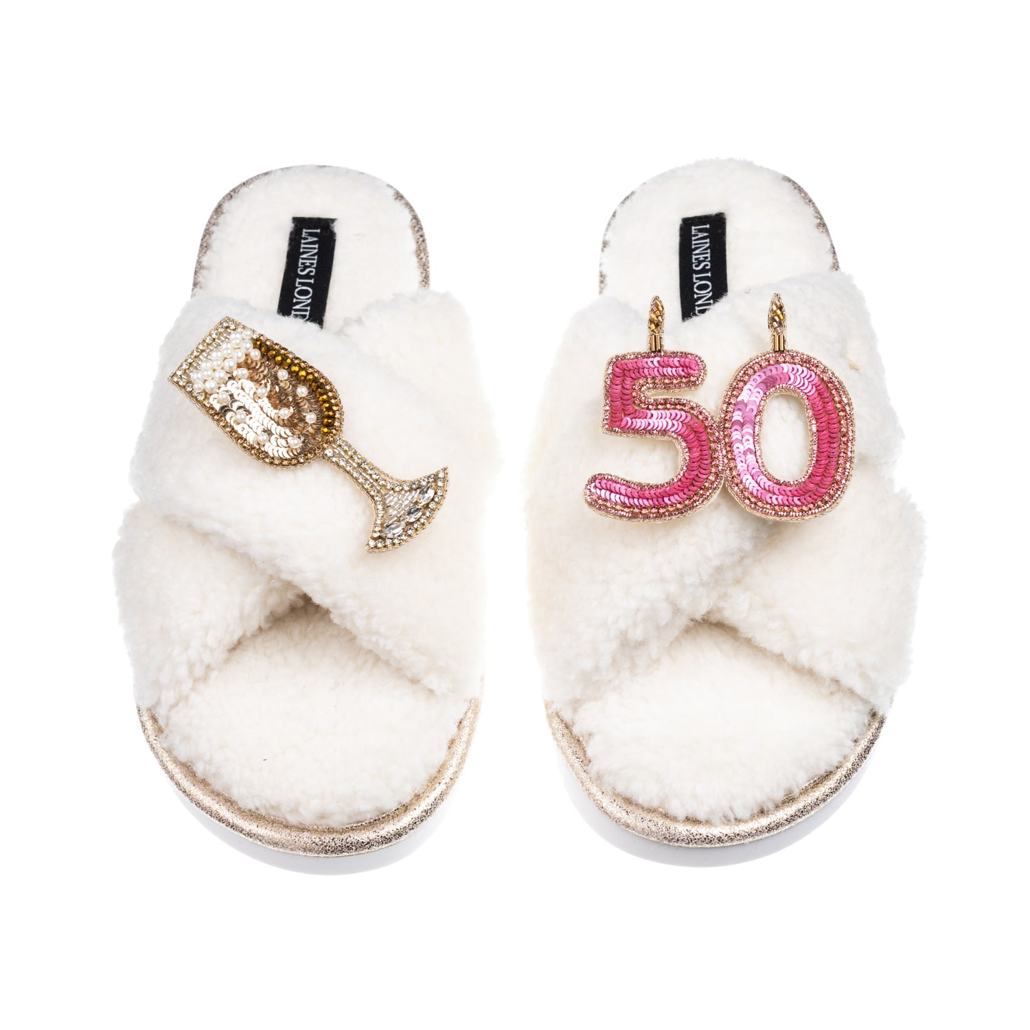 Women’s Neutrals / White Laines Neutral Boucle Slippers With 50Th Birthday & Champers Brooches – Cream | Medium | Laines London