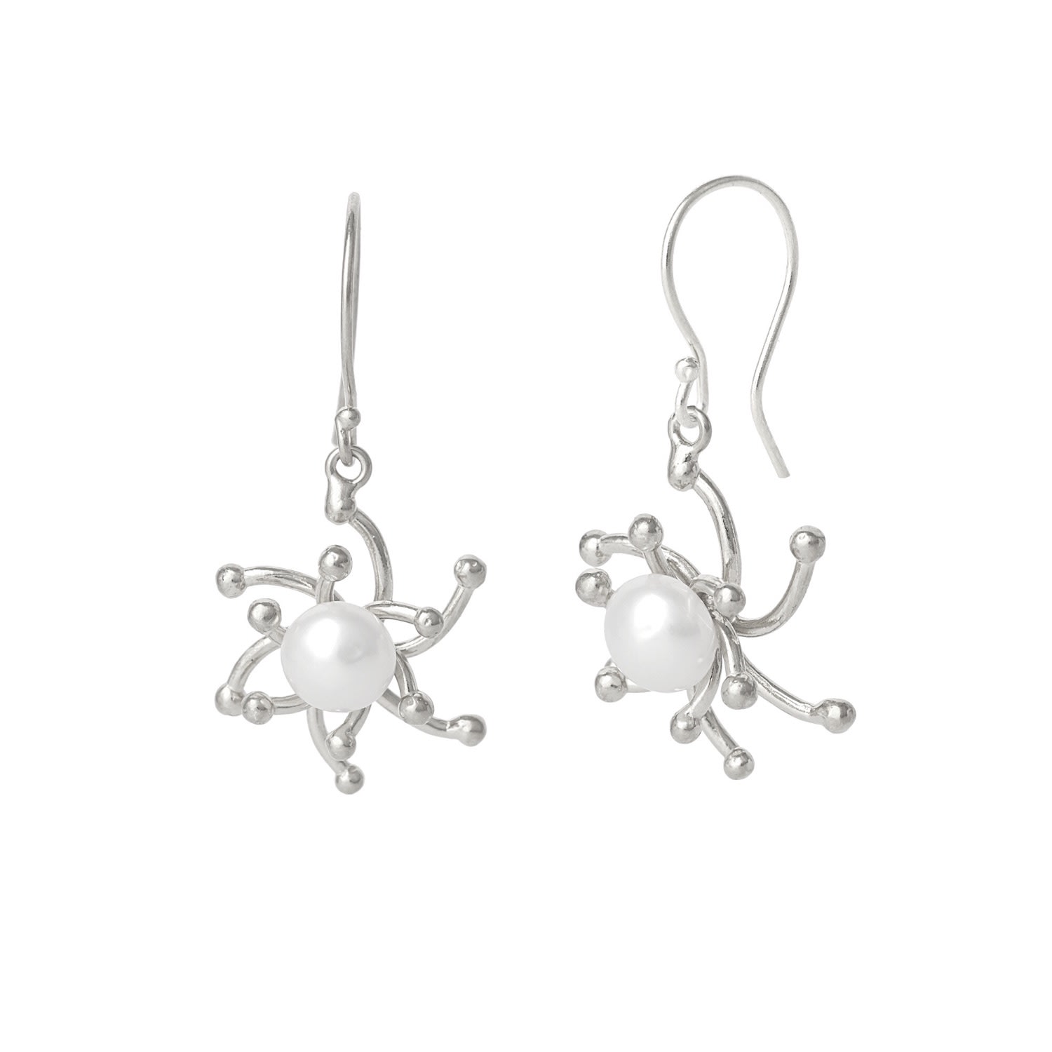 Women’s Pearl Sun Molten Dripping Two Way Sunburst Sterling Silver Drop Earring - Silver Spero London