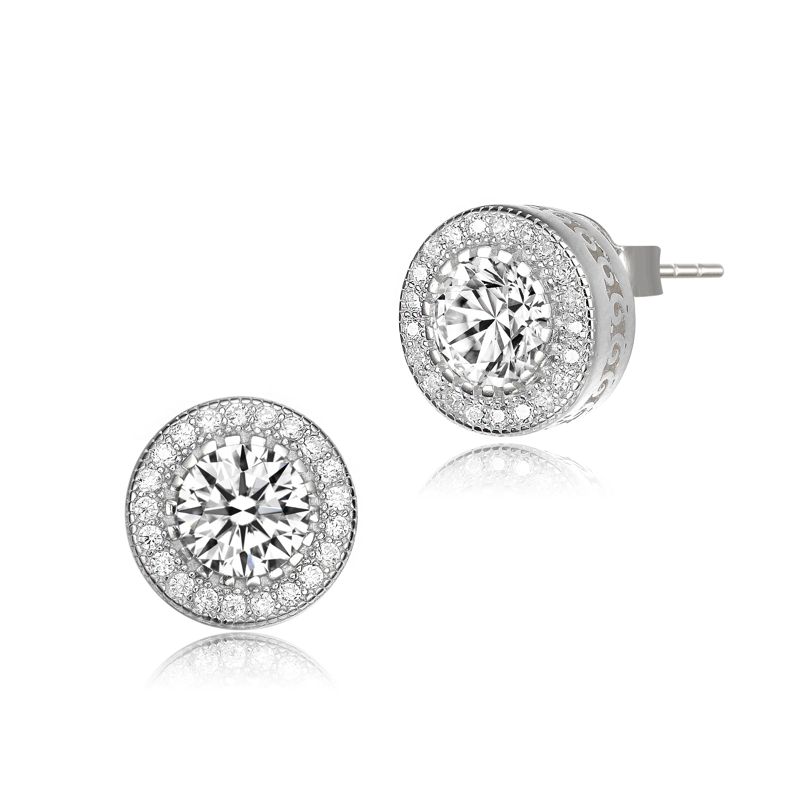 Genevive Jewelry Women's White Sterling Silver With Clear Cubic Zirconia Round Earrings In White