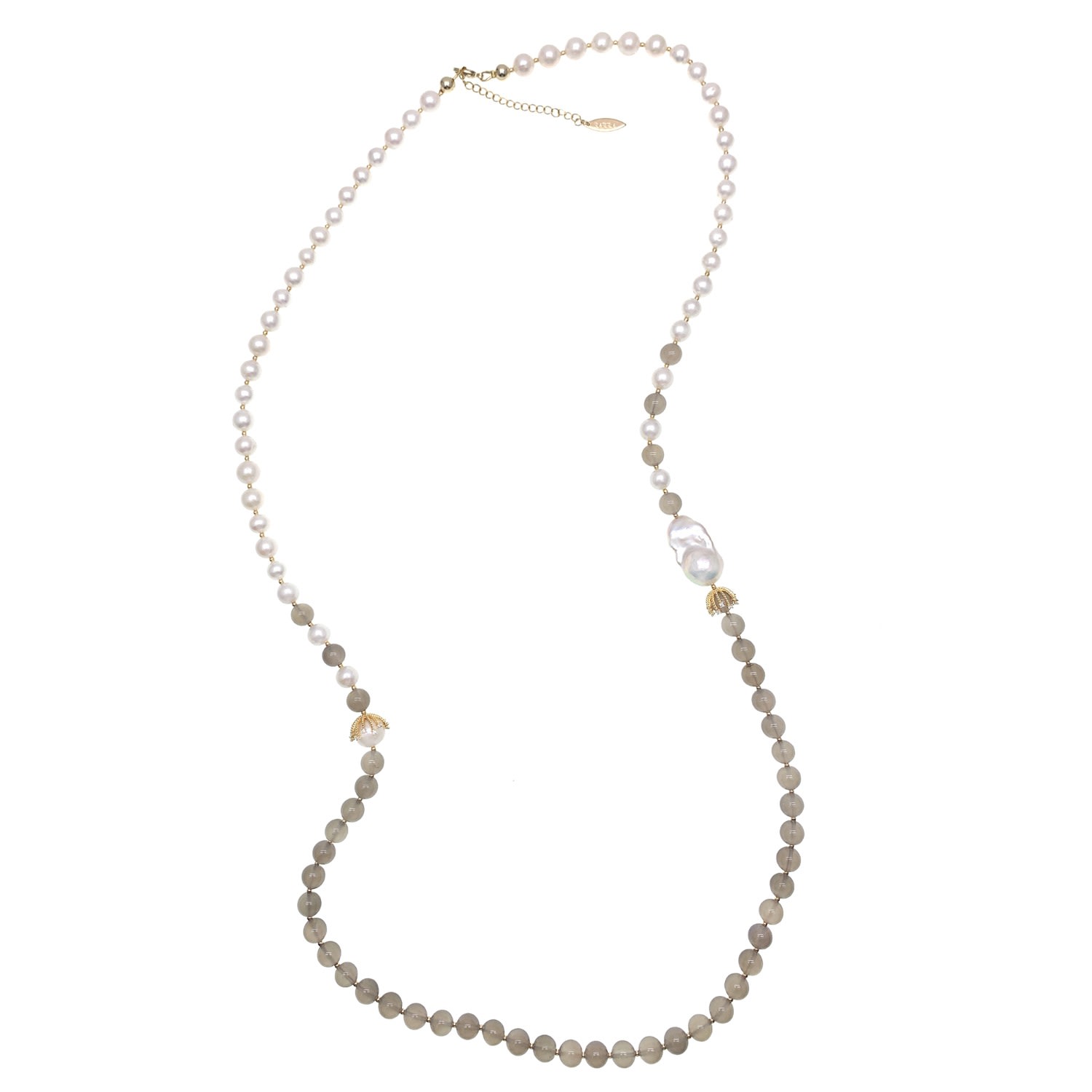 Women’s Grey / White Freshwater Pearls And Gray Agate With Baroque Pearls Long Necklace Farra