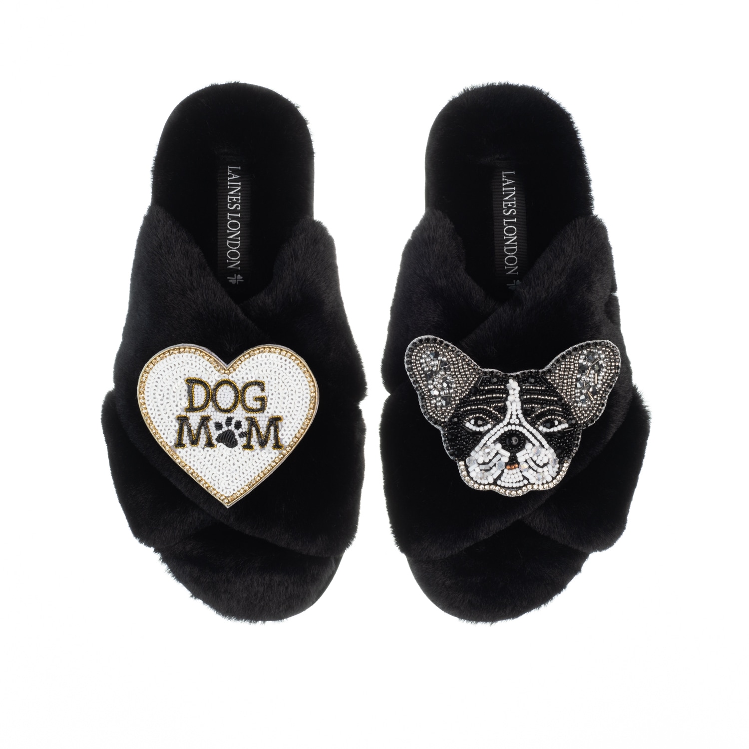 Laines London Women's Classic Laines Slippers With Coco The Frenchie & Dog Mum / Mom Brooches - Black In Black