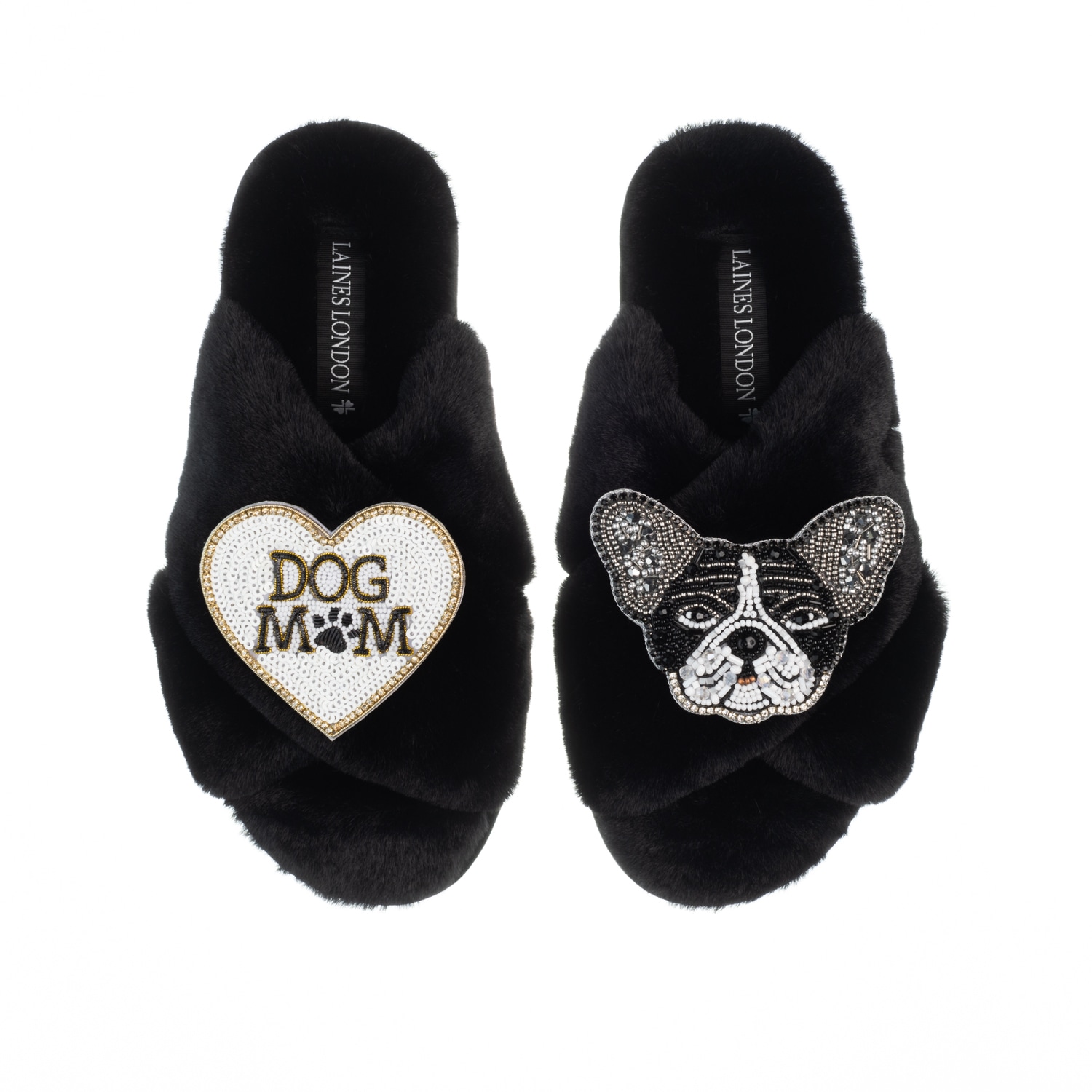 Women’s Classic Laines Slippers With Coco The Frenchie & Dog Mum / Mom Brooches - Black Small Laines London