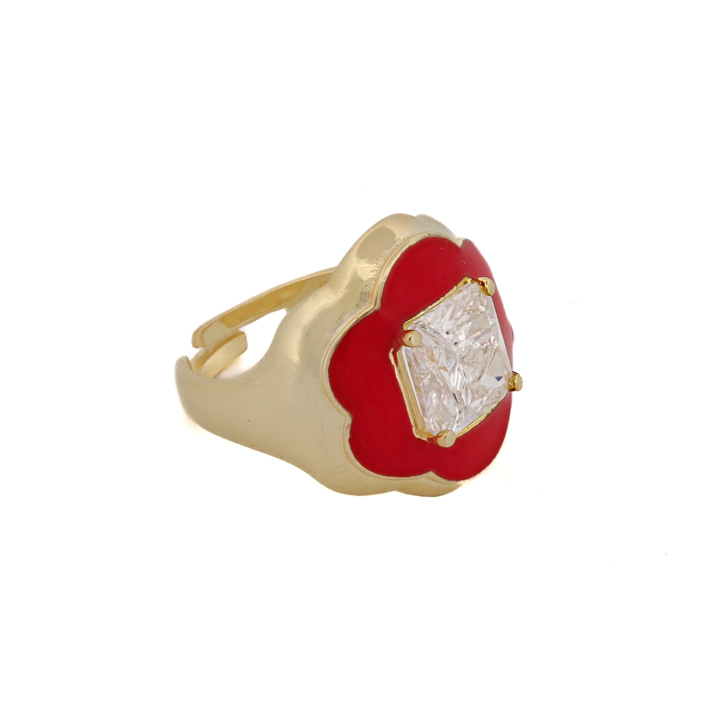 Women’s Red / Gold Clover Red Enamel & Diamond Gold Lucky Ring - Red Ebru Jewelry