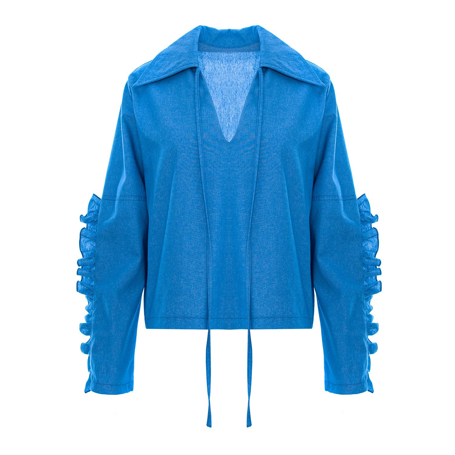 Bluzat Women's Blue Denim Blouse With Ruffles In Blue