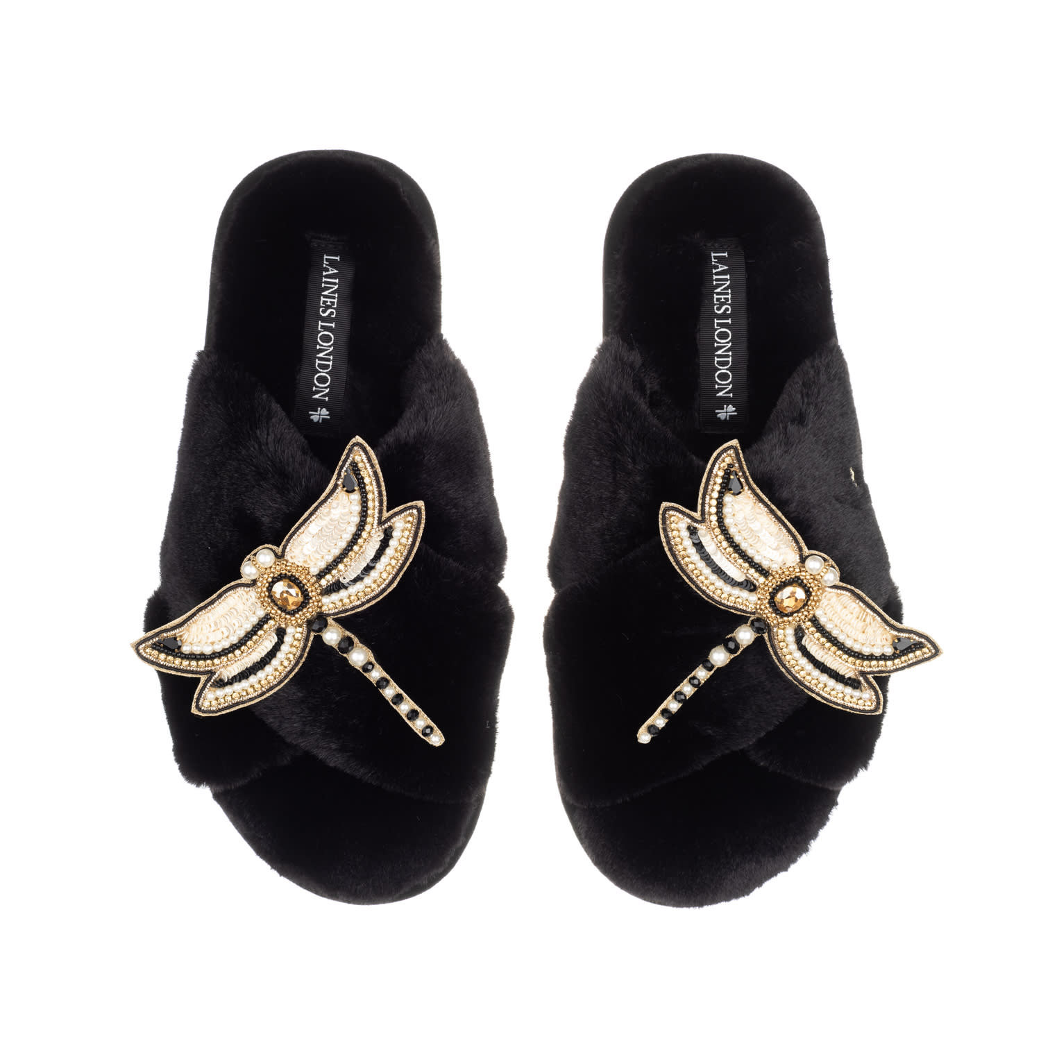 Laines London Women's Classic Laines Slippers With Double Dragonfly Brooches - Black In Black