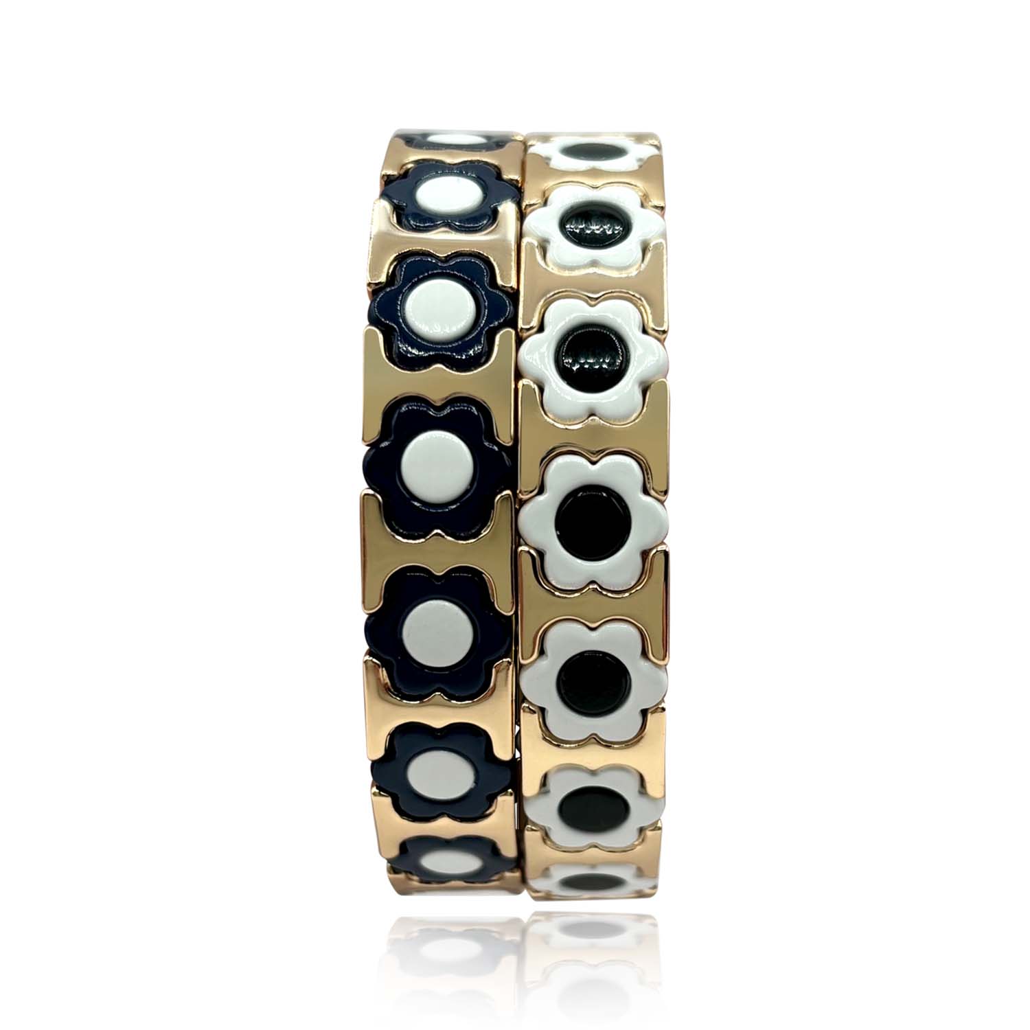 Michael Nash Jewelry Women's Black / Blue / Gold Black, White, Navy, And Gold Enamel Two-strand Elasticized Bracelets In Multi