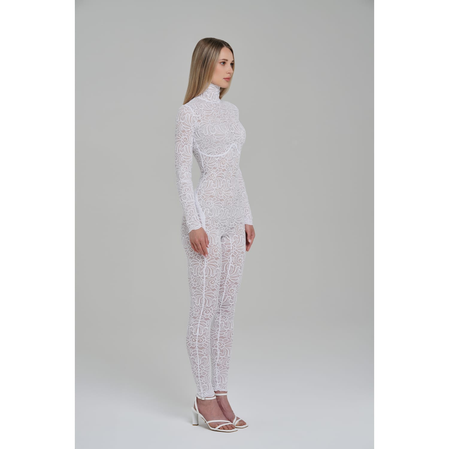 White Floral Lace Sheer Long Sleeve Turtleneck Full Bodysuit