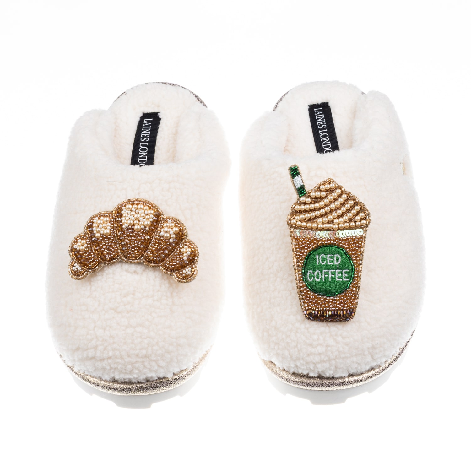 Laines London Women's Neutrals / White Teddy Closed Toe Slippers With Iced Coffee & Croissant Brooches - Cream In White