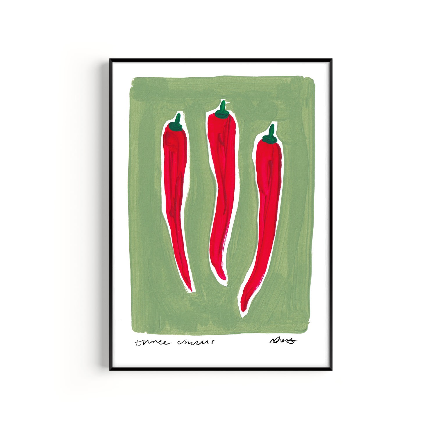Natalie Cass Art Green / Red Three Chillis Hand Painted Art Print - A2