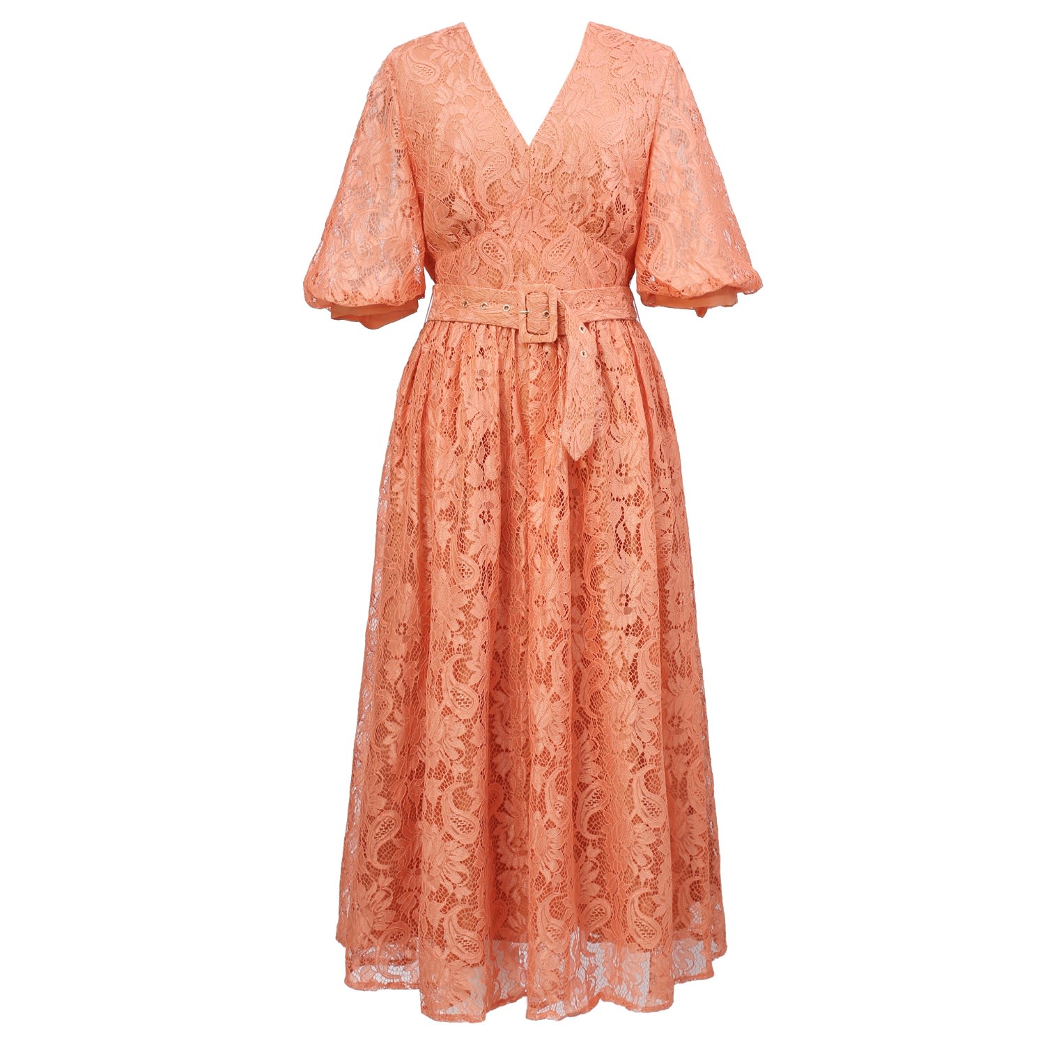 Women’s Yellow / Orange All-Lace Puffy Sleeves Dress With Belt - Apricot Extra Small Smart and Joy