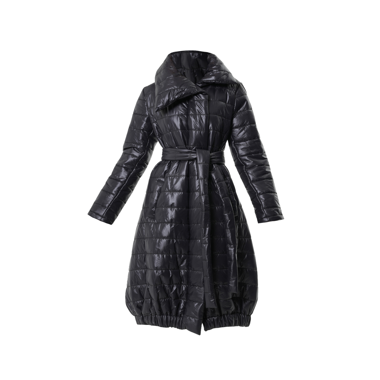 Long Down Coat With Belt In Black, Metamorphoza