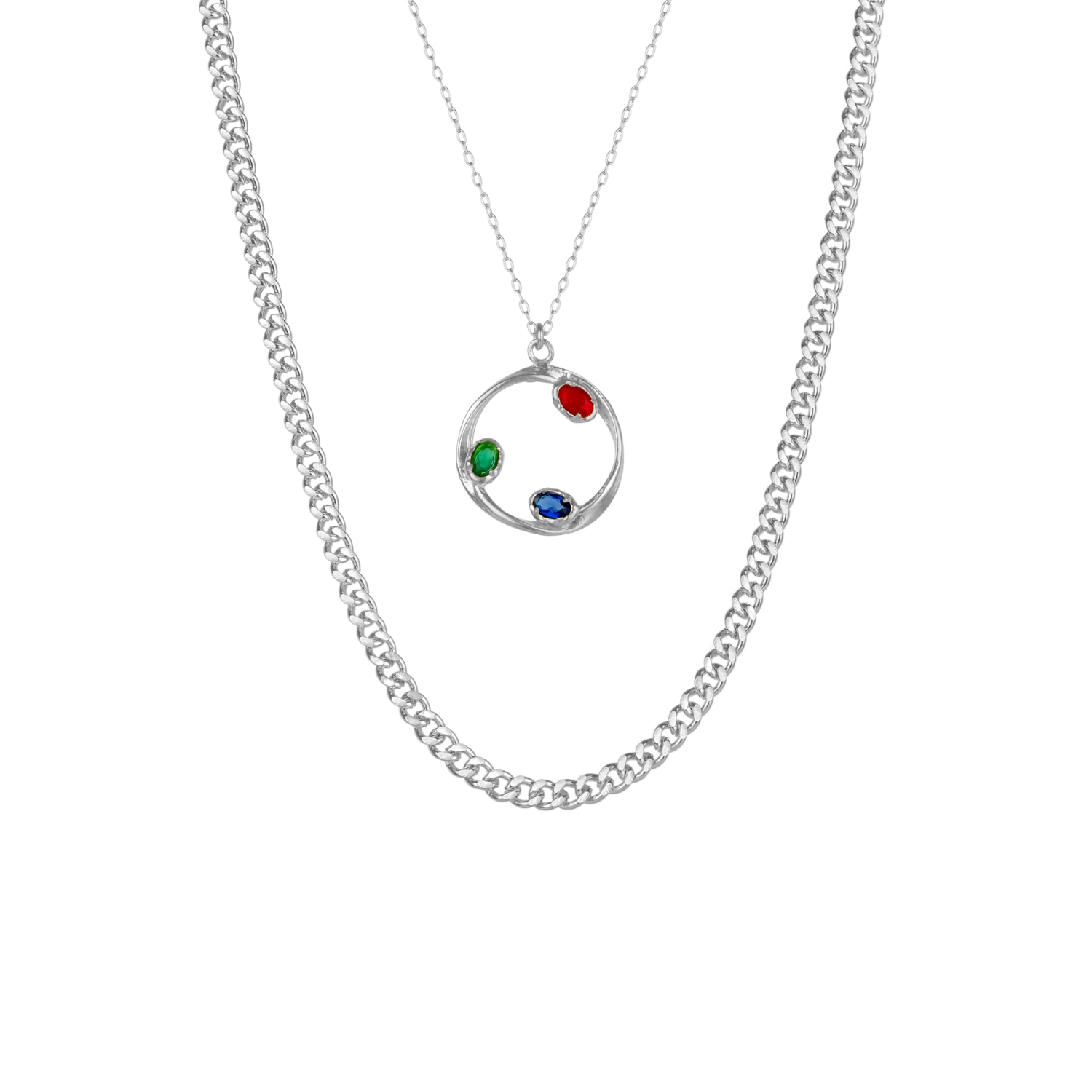 Mejoma Women's Tri-gem Harmony Silver Pendant & Large Cuban Chain Necklace Layering Gift Set In Silver
