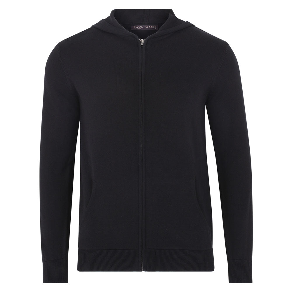 Mens Lightweight Cotton Zip Through Knitted Jackson Hoodie - Black Medium Paul James Knitwear