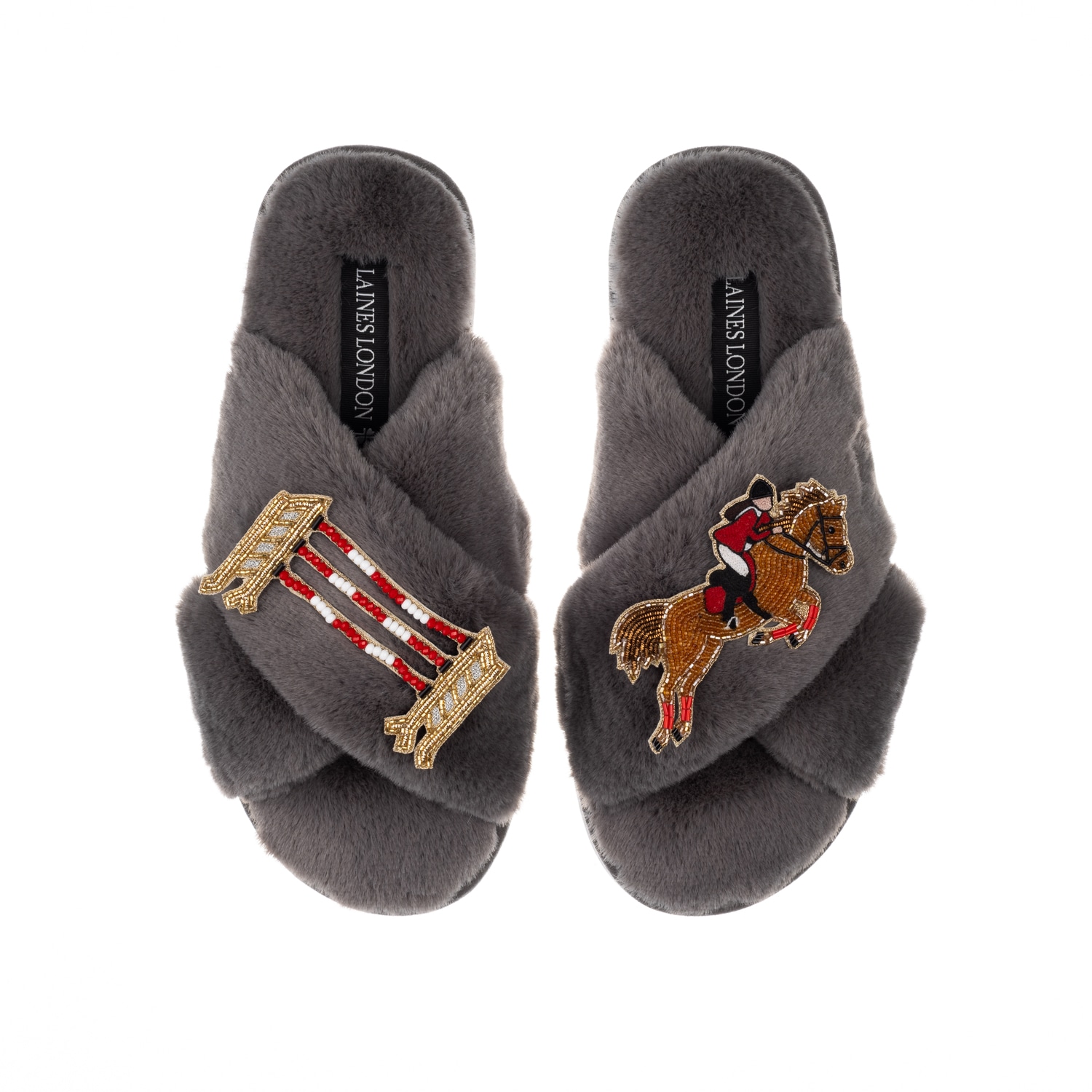 Laines London Women's Classic Laines Slippers With Show Jump Horse Brooches - Grey In Grey