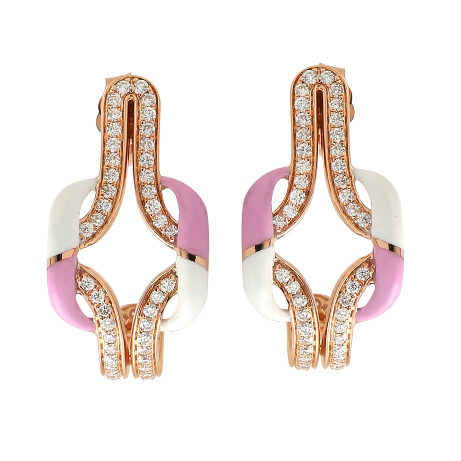 Artisan Women's White / Pink / Rose Gold 18k Rose Gold Enamel Designer Hoop Earrings With Pave Diamonds In Multi