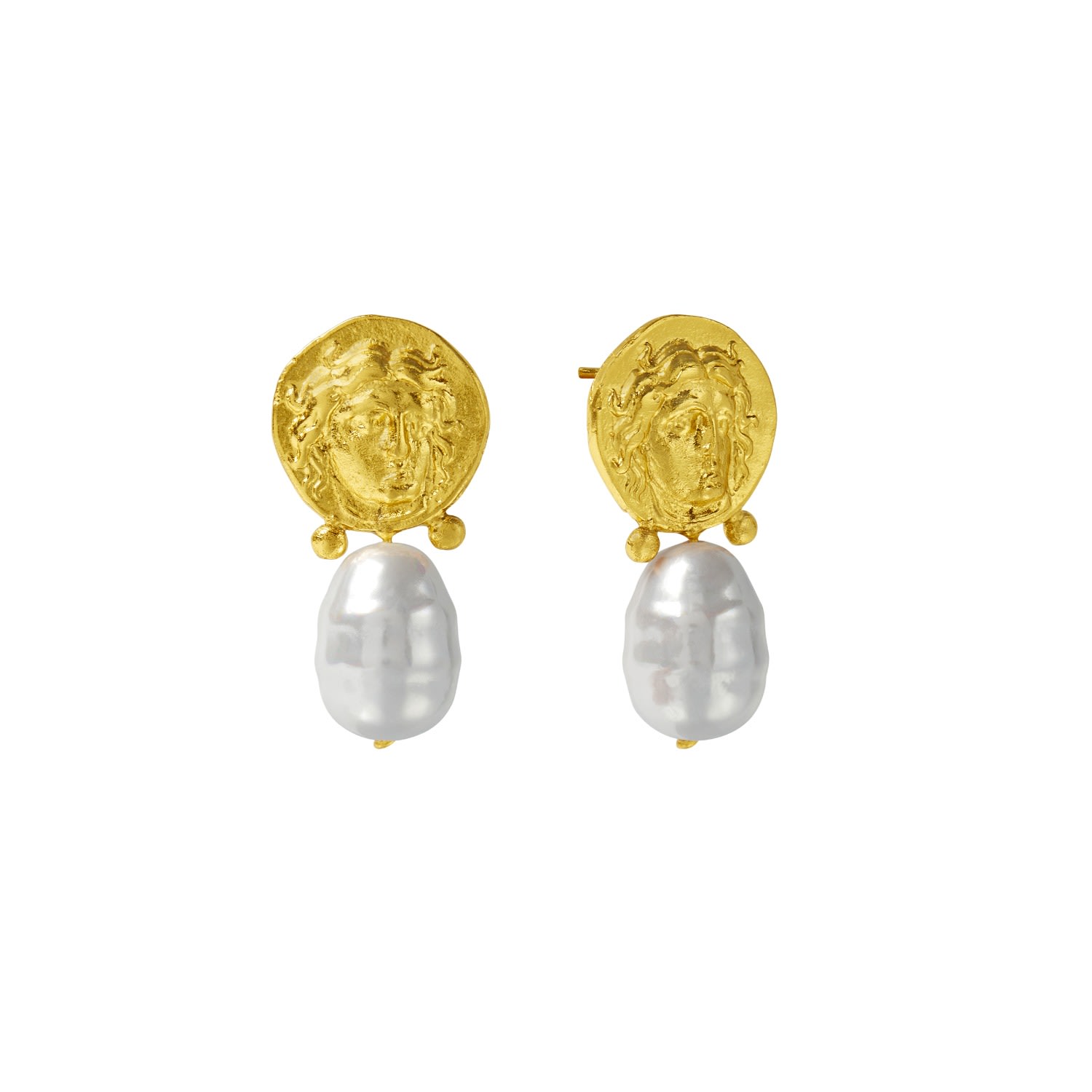 Women’s Gold / White Gorgon Medusa Pearl Stud Earrings Ottoman Hands