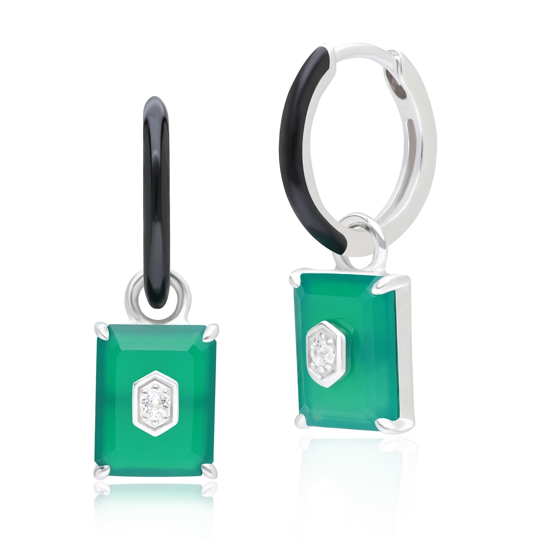 Women’s Green / Silver Black Enamel, Green Chalcedony & Topaz Dangle Hoop Earrings In Sterling Silver Gemondo