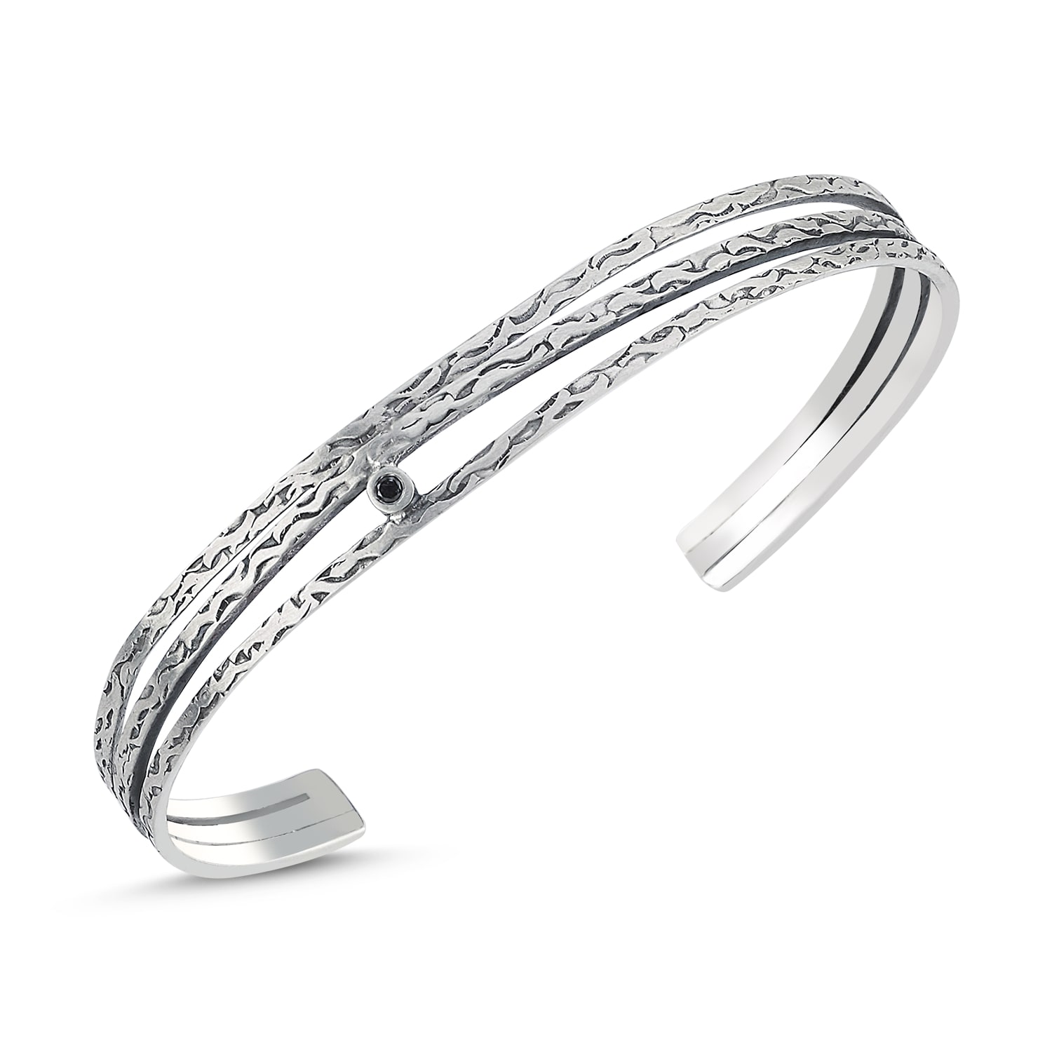 Aleyna Cebeci Jewelry Men's Aurora Handmade Sterling Silver Bracelet With Black Diamond & Unique Textured Luxury Jewelry