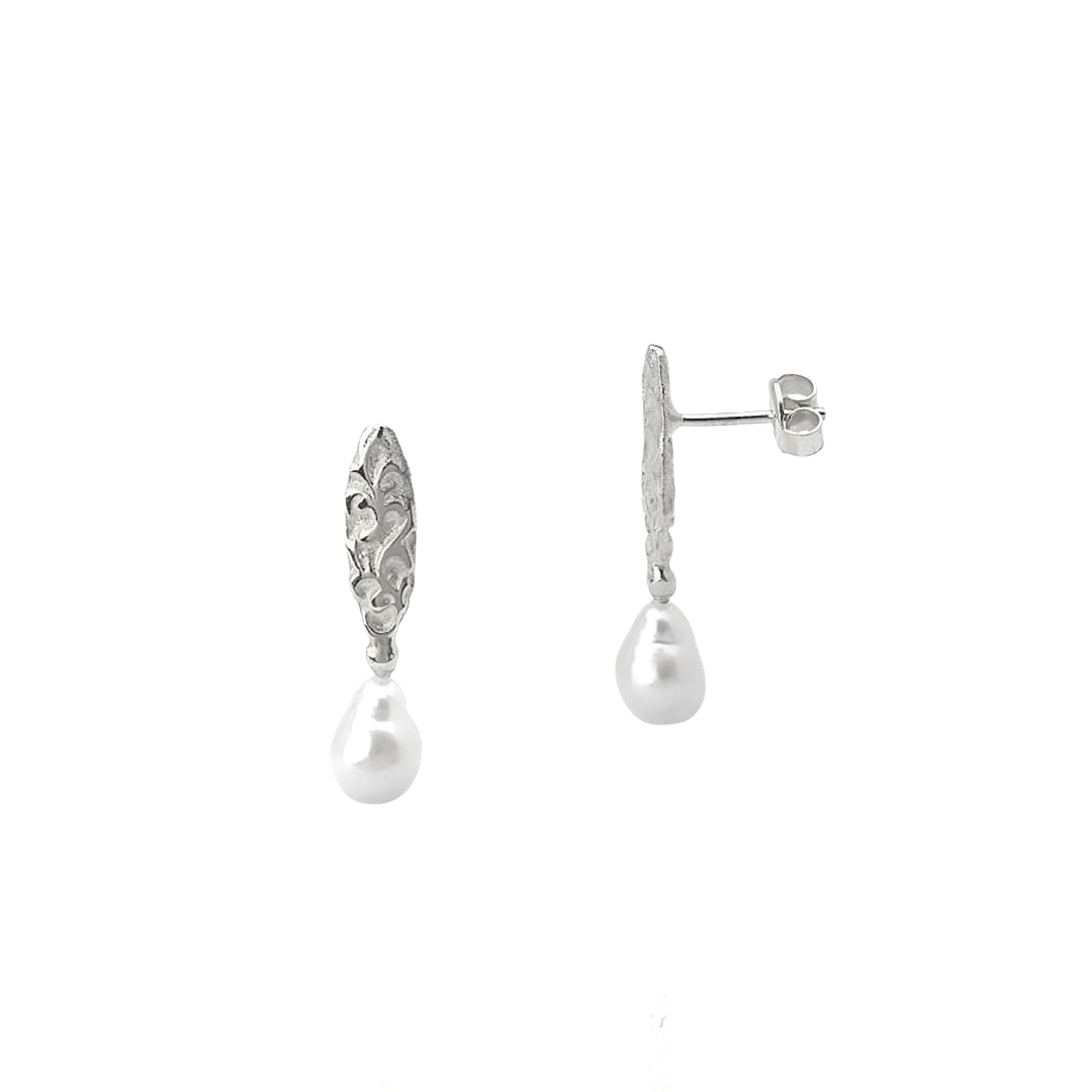 Women’s Drop Baroque Pearl Natural Textured Sterling Silver Authentic Earring - Silver Spero London