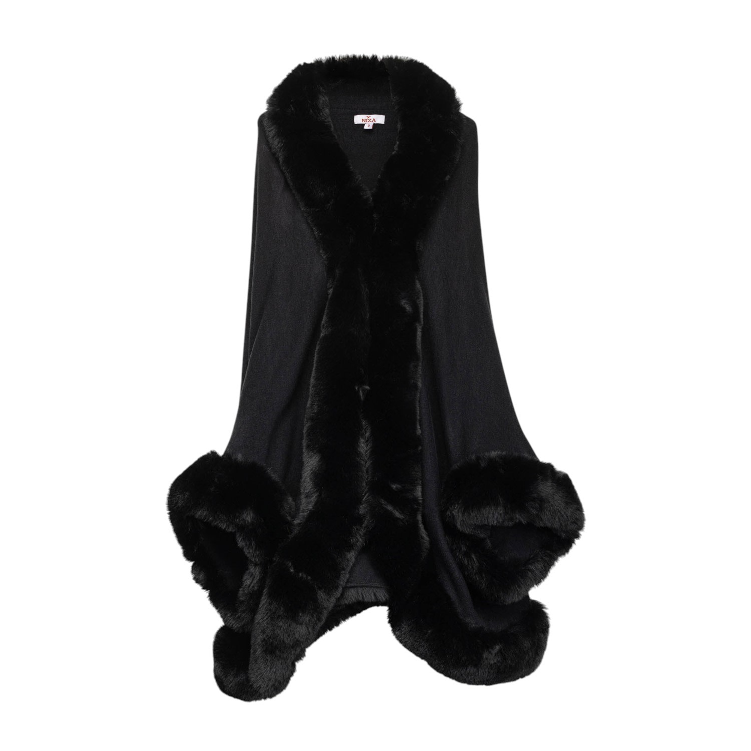 Niza Women's Black Poncho With Furry Texture Details In Black