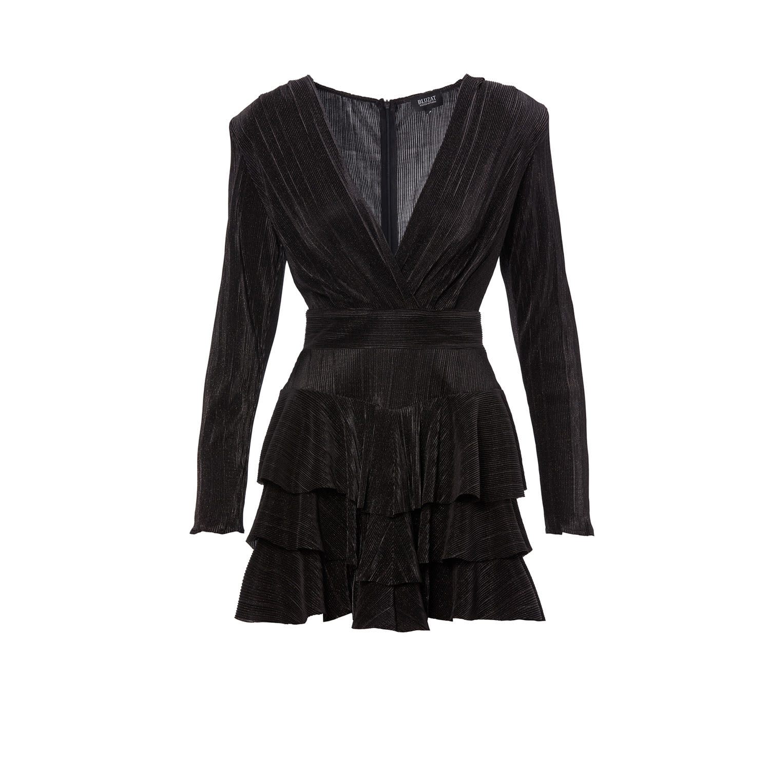 Bluzat Women's Black Mini Dress With Gold Details And Ruffles In Black