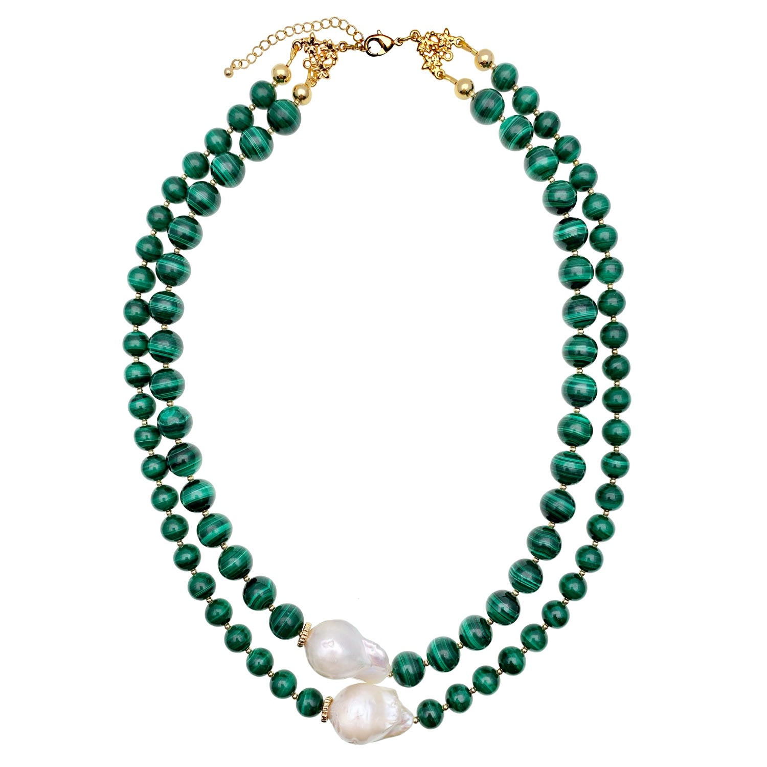 Women’s Green Malachite With Baroque Pearls Double Strands Necklace Farra