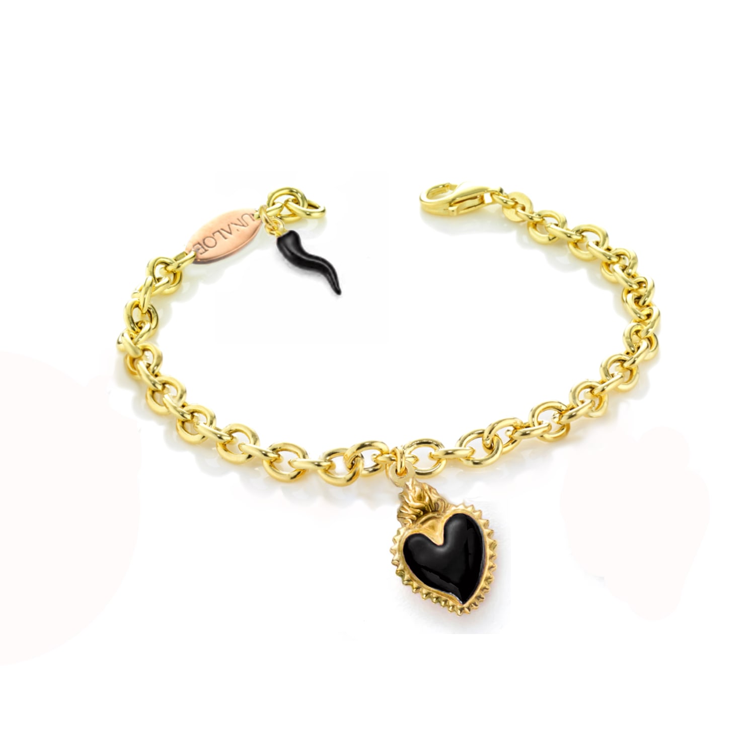 Unaloe Women's Gold / Black Gold-plated Silver Bracelet With Black Heart Pendant And Horn