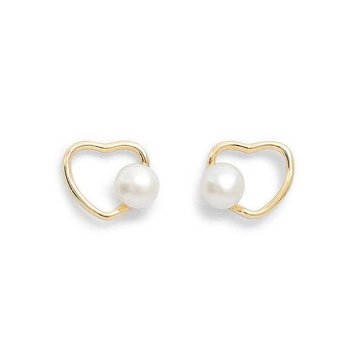 Women’s Gold / White Amare Gold Heart Stud Earrings With Cultured Freshwater Pearls Pearls of the Orient Online