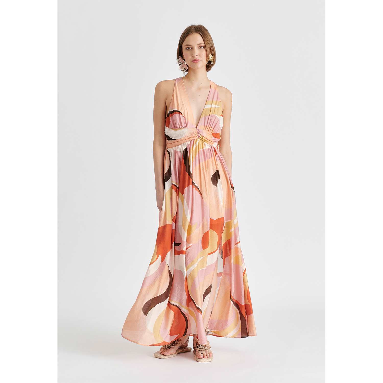 Retro Wave Halter Neck Maxi Dress In Red, Pink, Peach, Brown