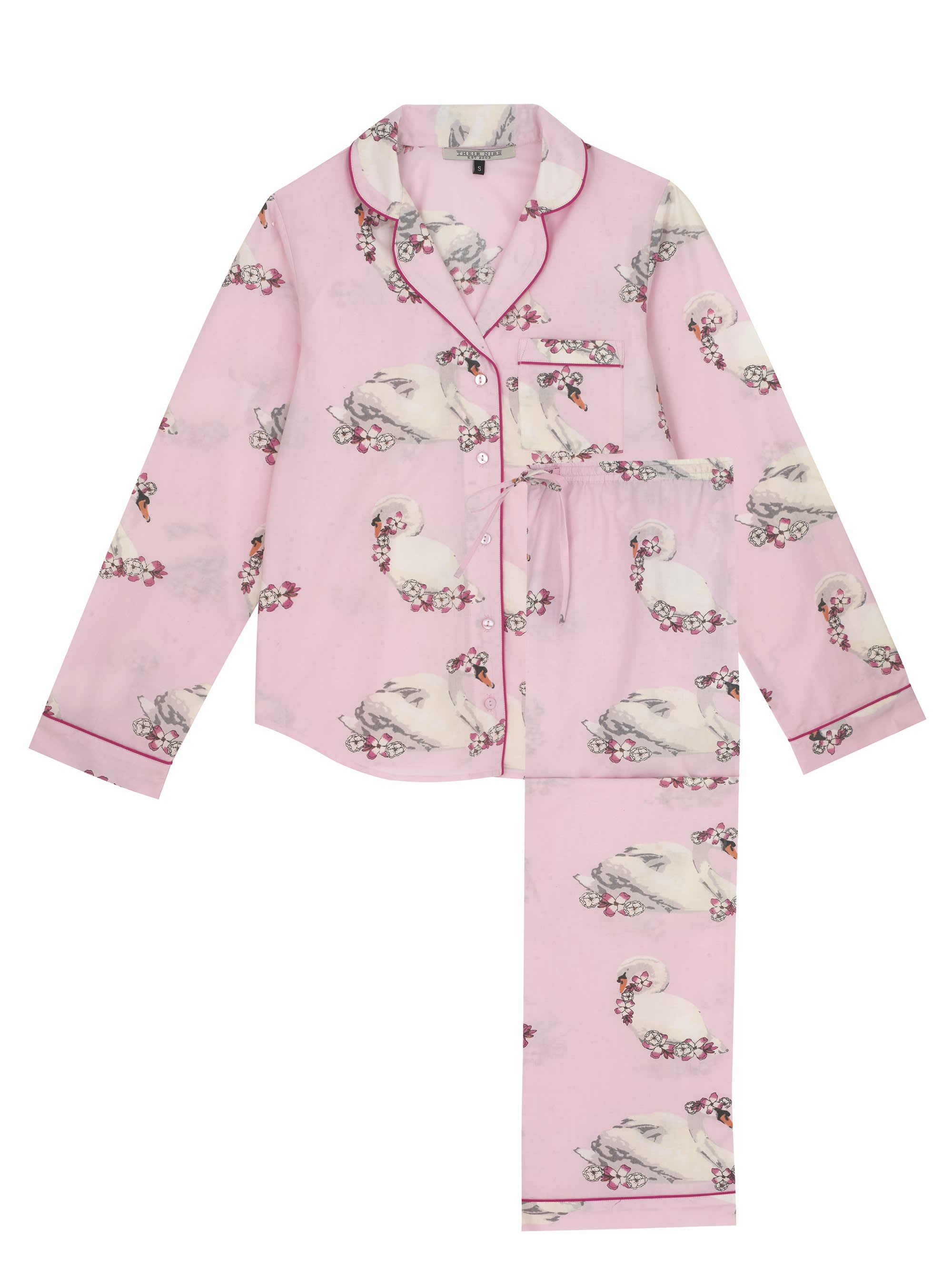 Ladies Traditional Cotton Pyjama Set Pink Swan Print Their Nibs Wolf Badger