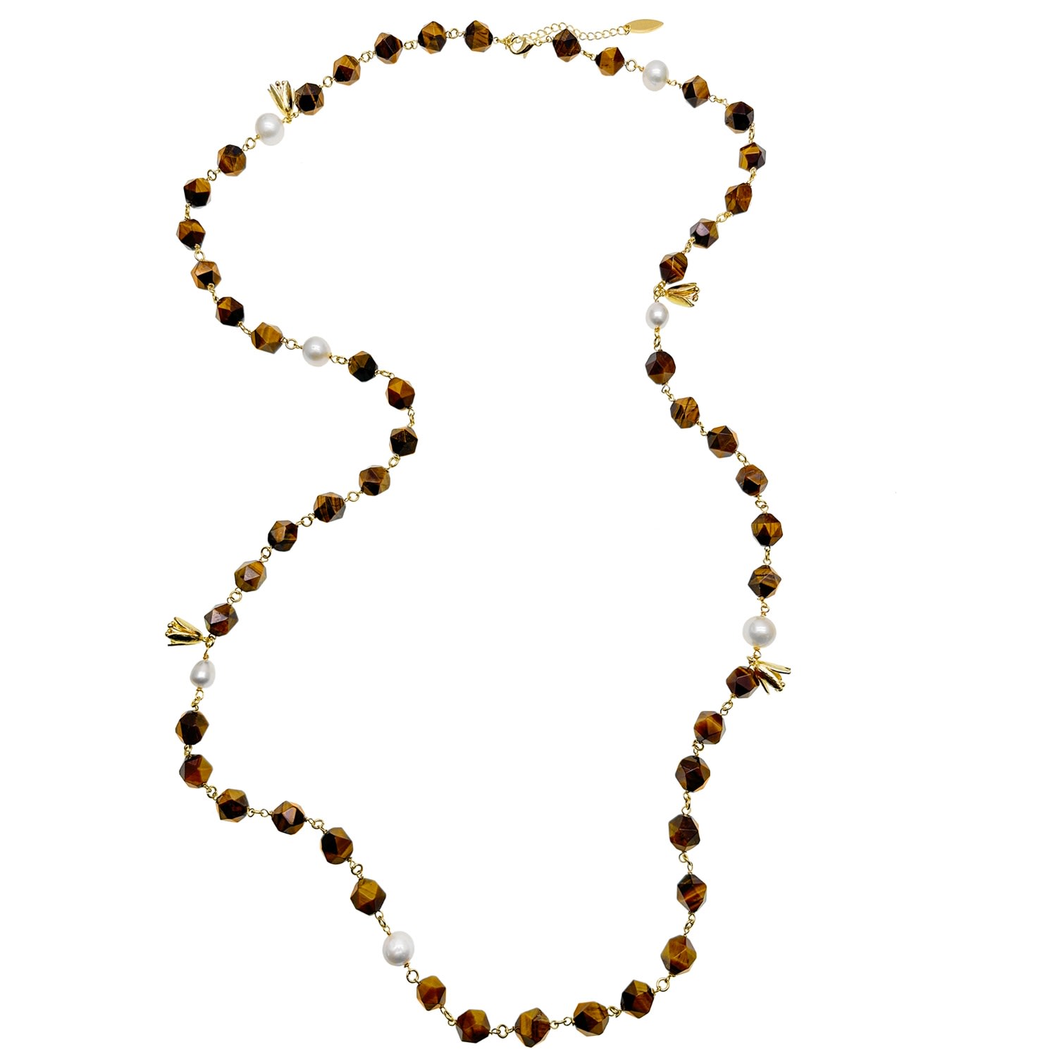 Women’s Brown Tiger Eye With Freshwater Pearls Long Station Necklace Farra