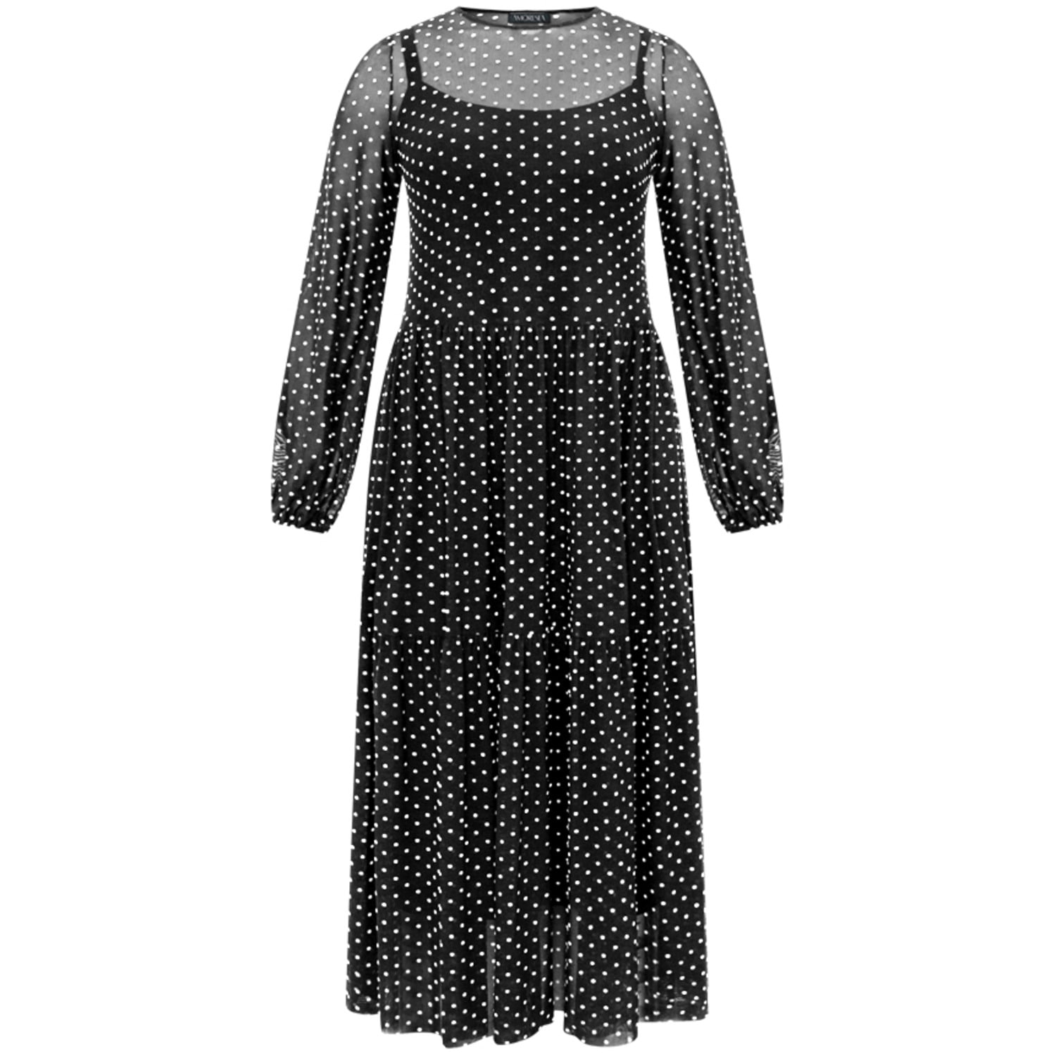 Amoresea Women's Magnetic Black Midi Cocktail Dress With Chic Polka Dot Mesh In Black