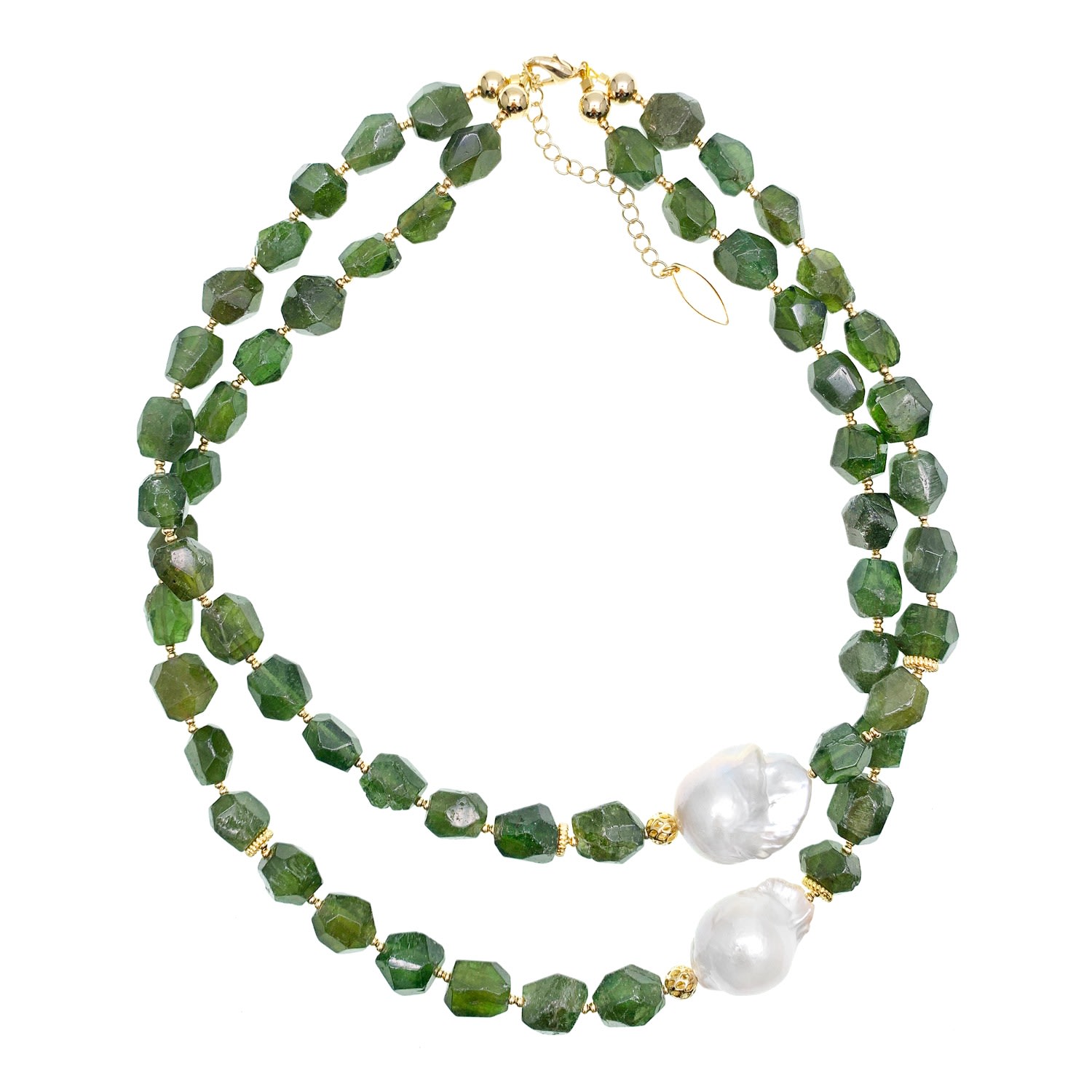 Farra Women's Green / White Natural Diopside Double Strands With Baroque Double Strands Necklace In Multi
