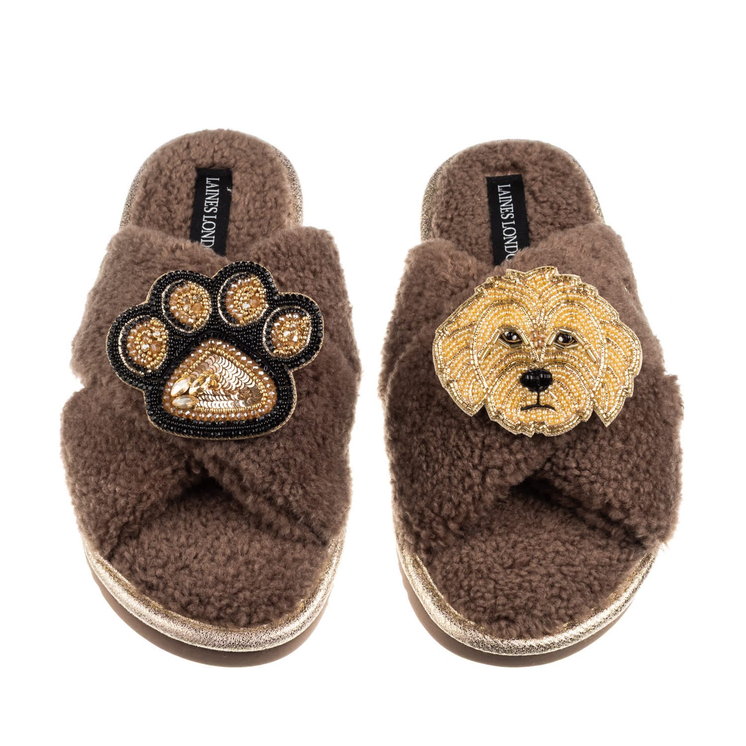 Laines London Women's Brown / Neutrals Boucle Slippers With Paw & Golden Cockapoo Brooches - Mink In Brown