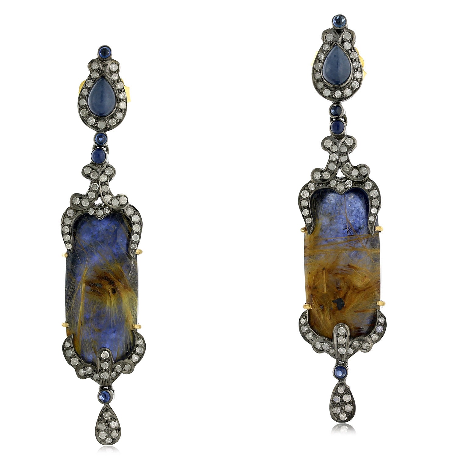 Women’s Silver / Gold / Blue Diamond Quartz Sapphire Gold Dangle Earrings 925 Sterling Silver Jewelry Artisan