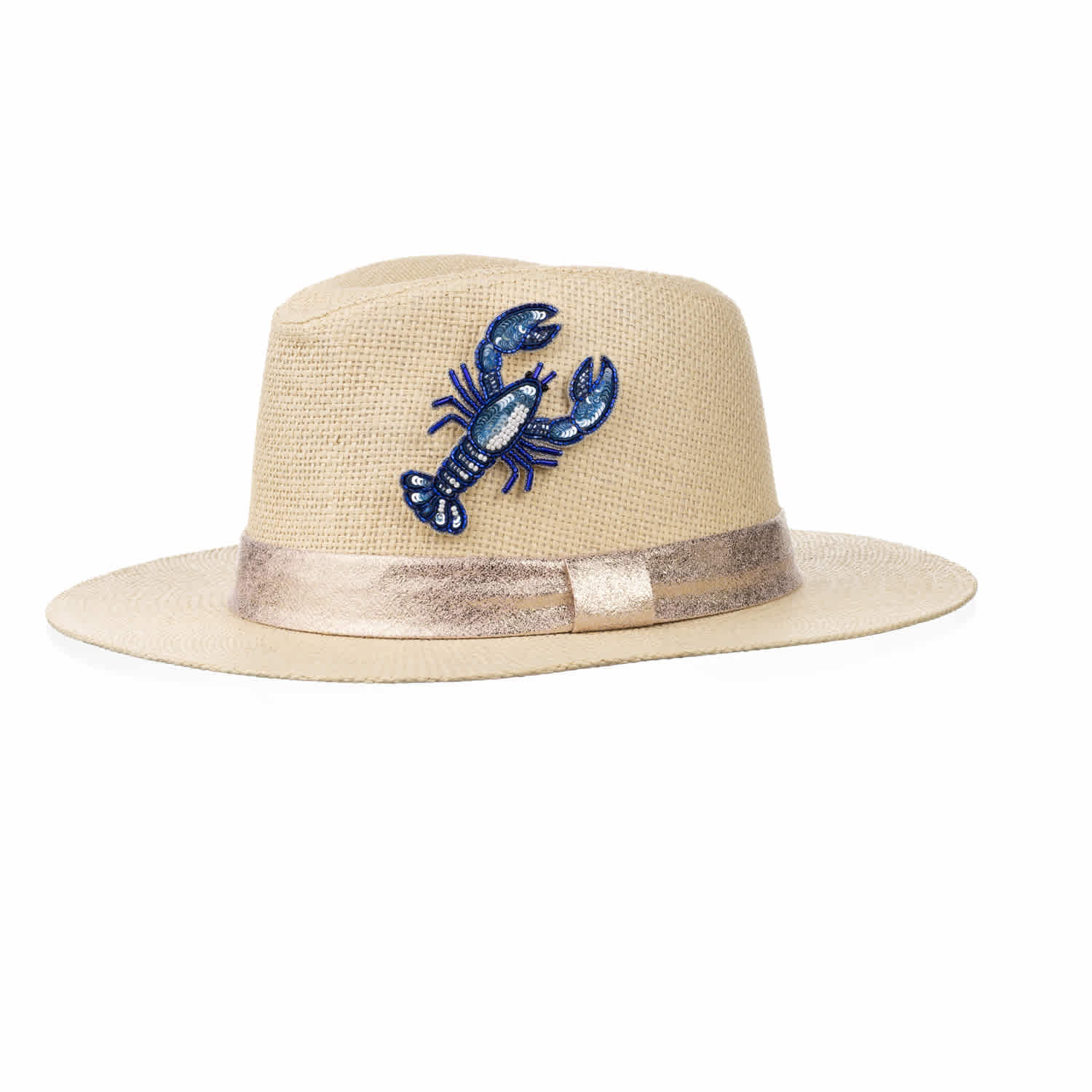 Straw Woven Hat With Embellished Mediterranean Blue Lobster Brooch