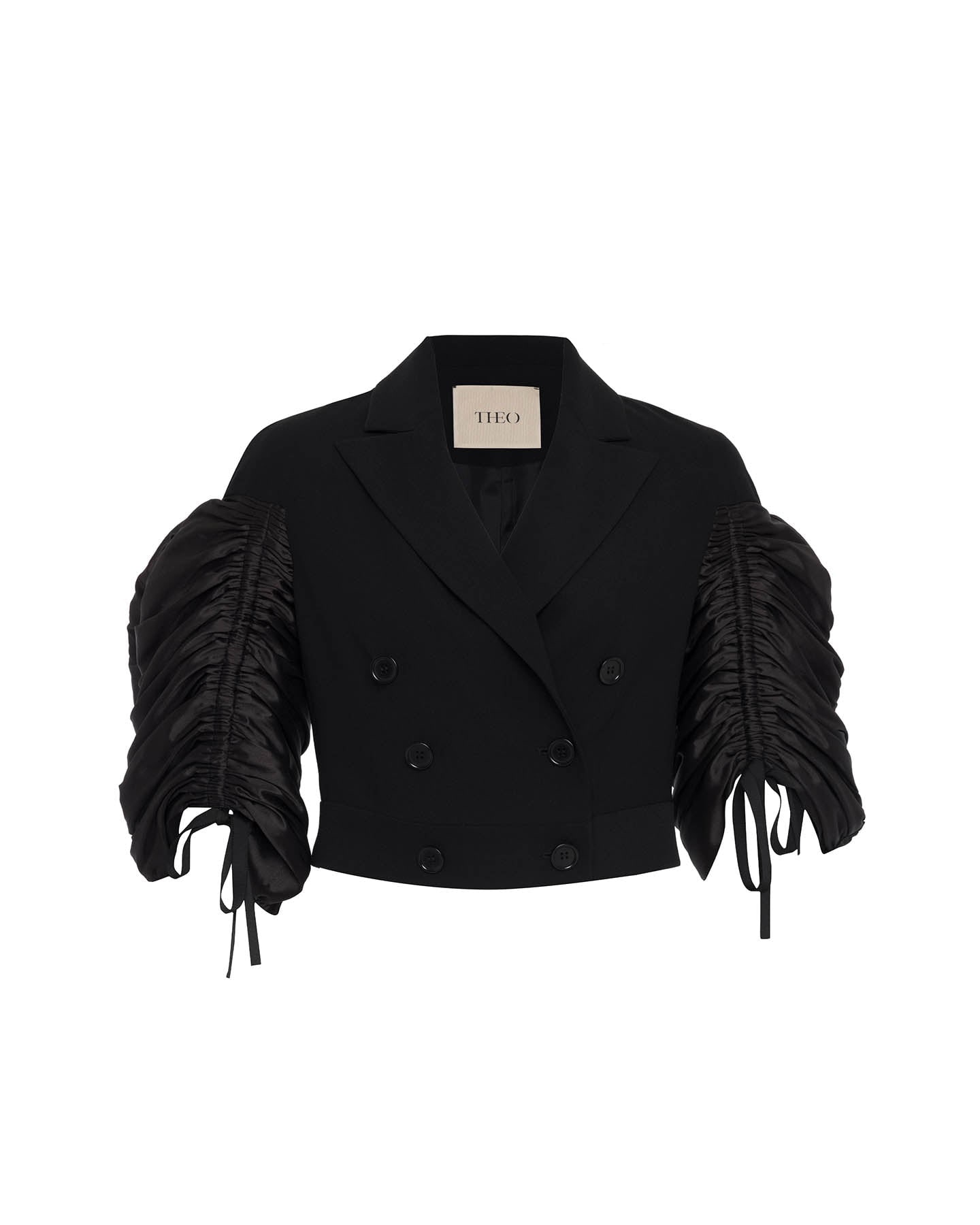 Theo The Label Women's Black Daphne Ruched Taffeta Sleeve Db Jacket In Black