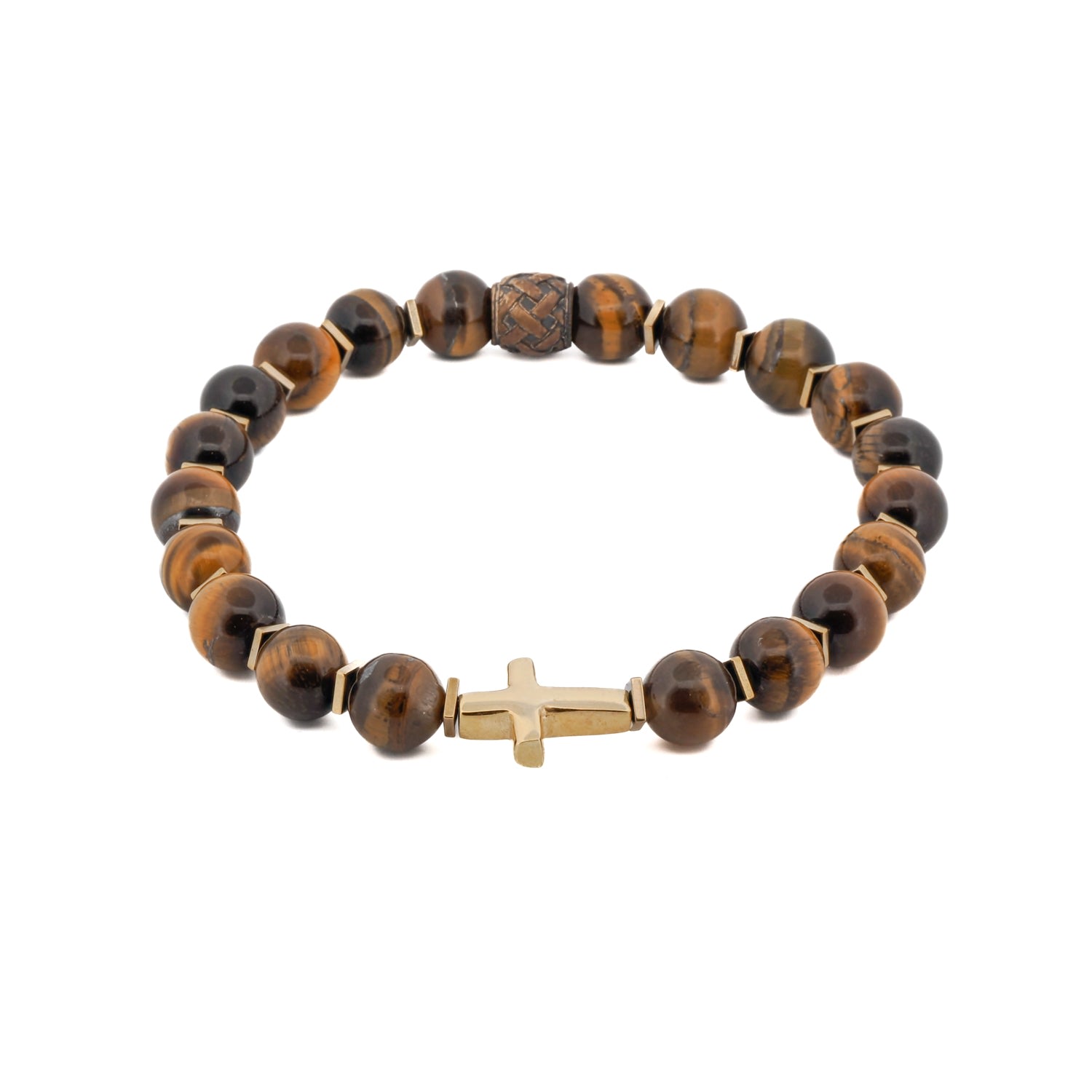 Men’s Gold / Brown Gold Cross Tiger’s Eye Beaded Bracelet - Brown Ebru Jewelry