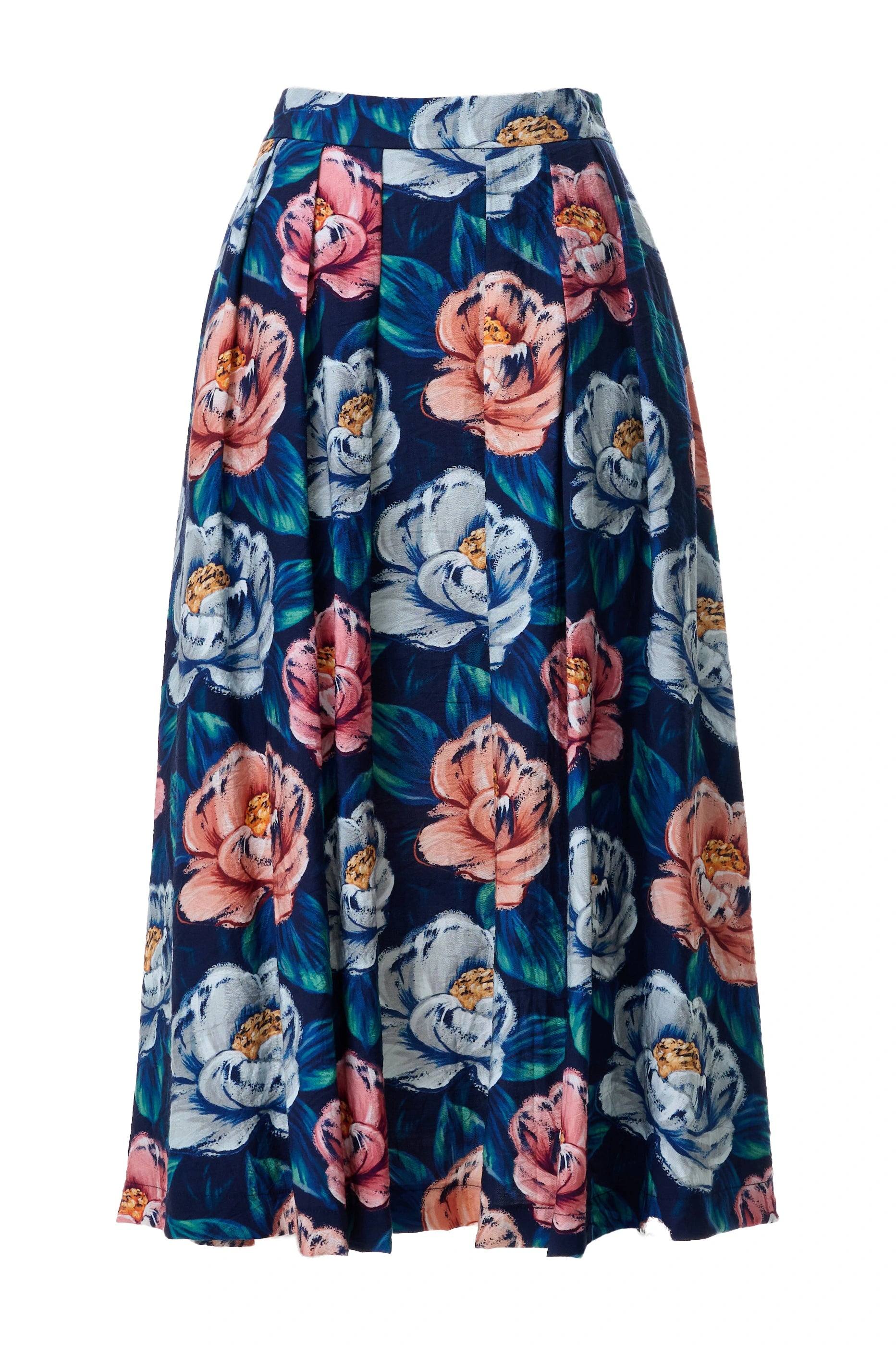 Louche Women's Blue Lizea Peonies Print Pleated Midi Skirt - Navy In Blue